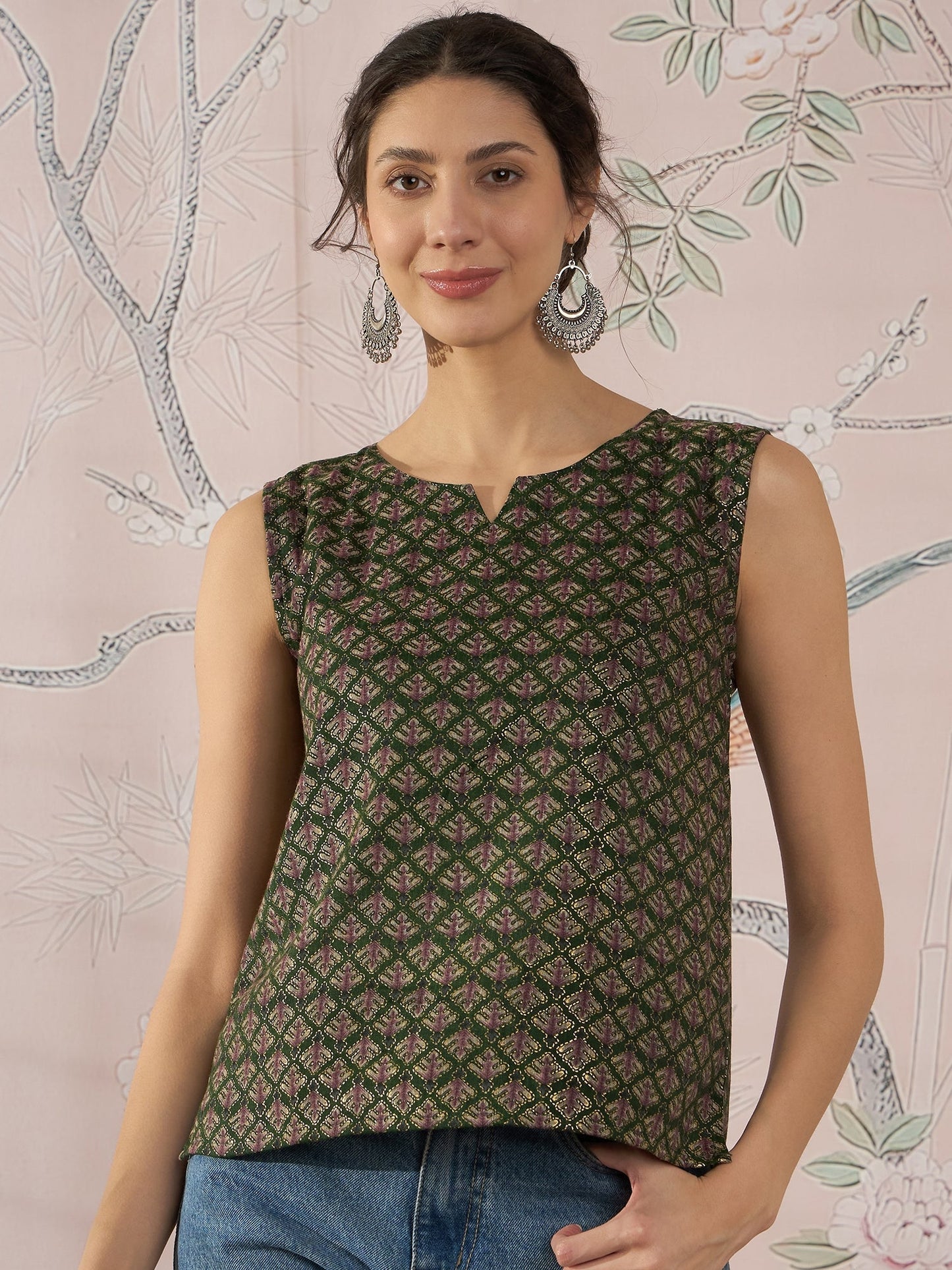 InWeave Green Foil Print W/S Top - Swadesiicart