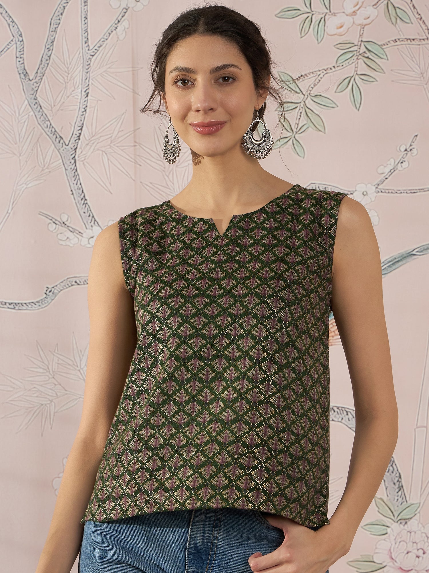 InWeave Green Foil Print W/S Top - Swadesiicart