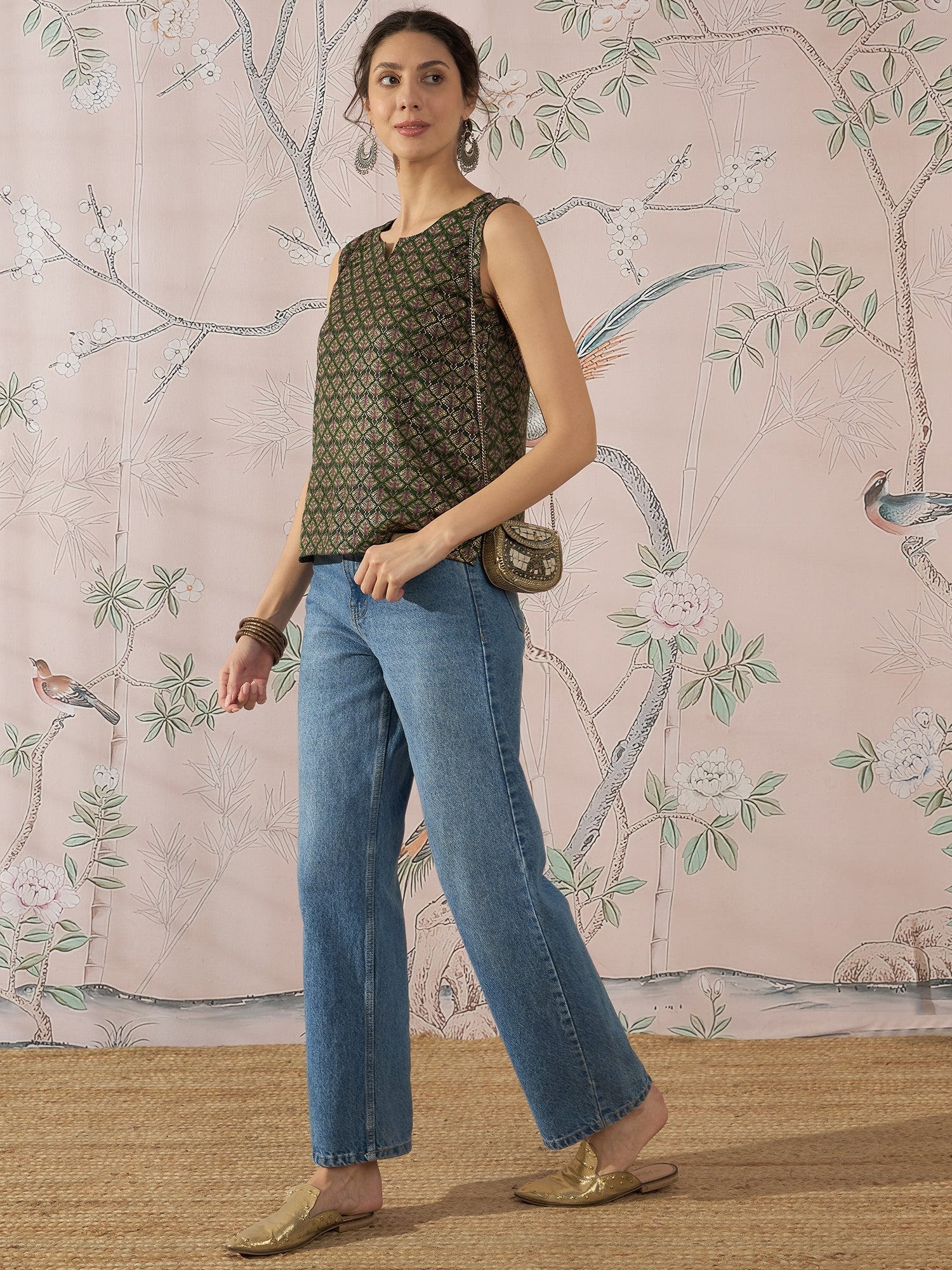 InWeave Green Foil Print W/S Top - Swadesiicart