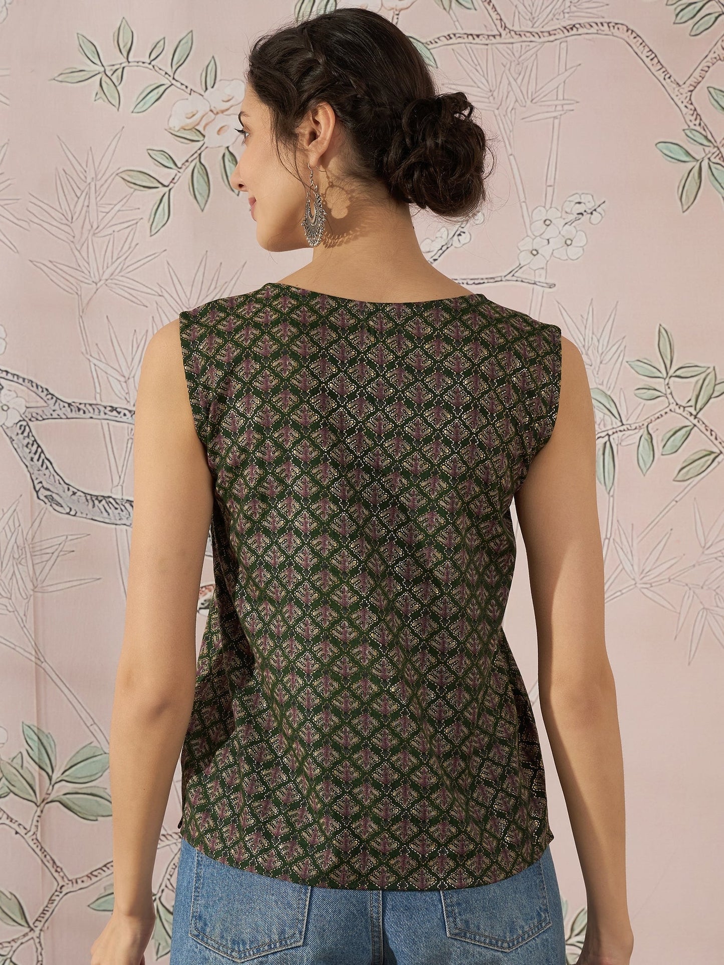 InWeave Green Foil Print W/S Top - Swadesiicart