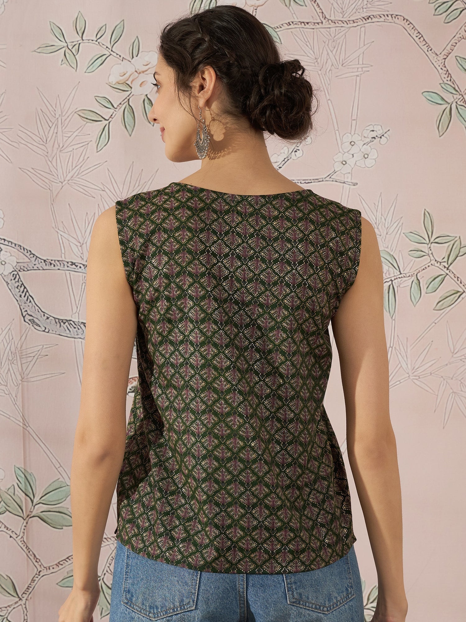 InWeave Green Foil Print W/S Top - Swadesiicart