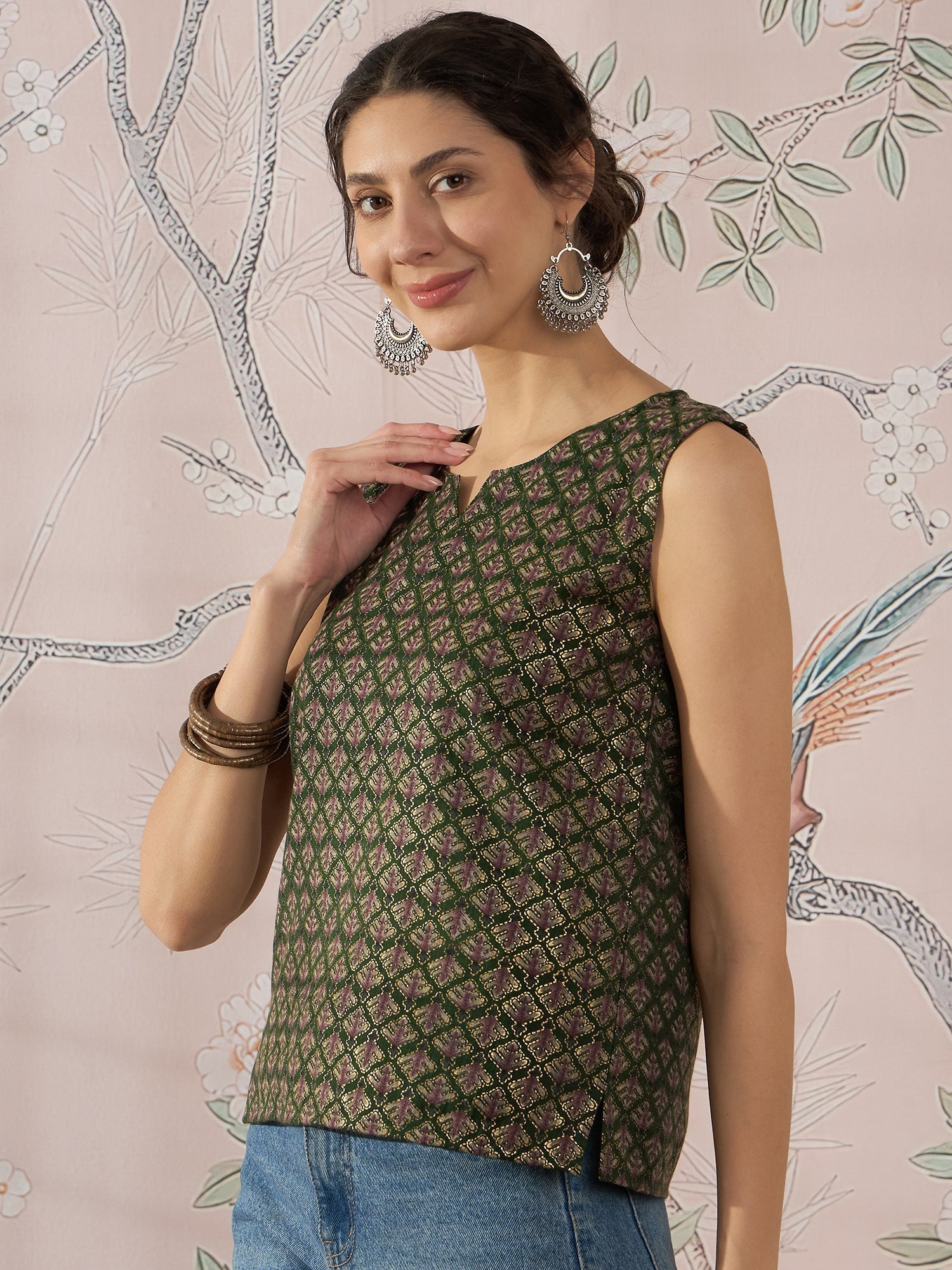 InWeave Green Foil Print W/S Top - Swadesiicart