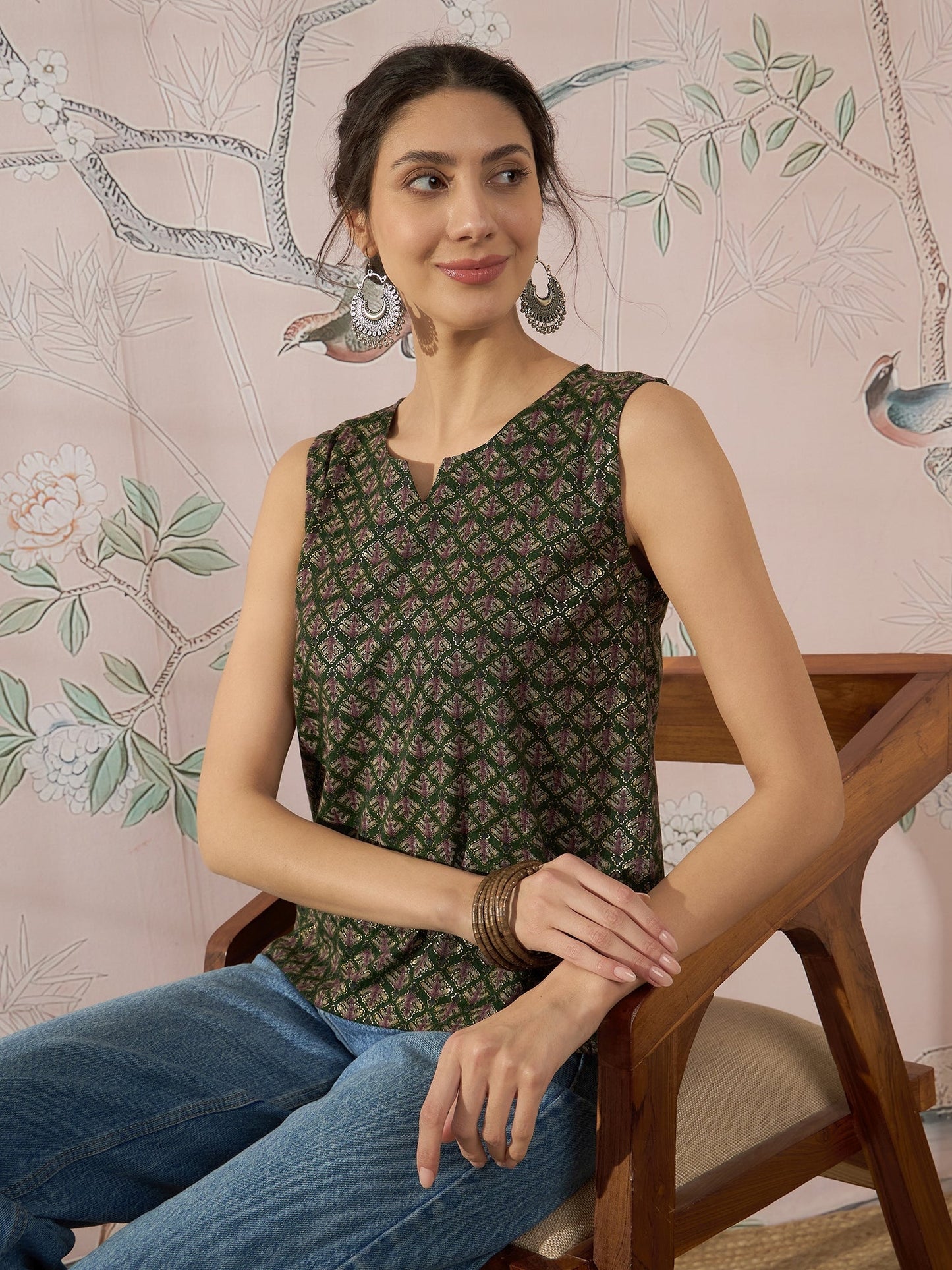 InWeave Green Foil Print W/S Top - Swadesiicart