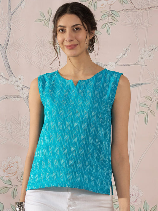 InWeave Cyan Blue Ikkat Kantha W/S Top - Swadesiicart