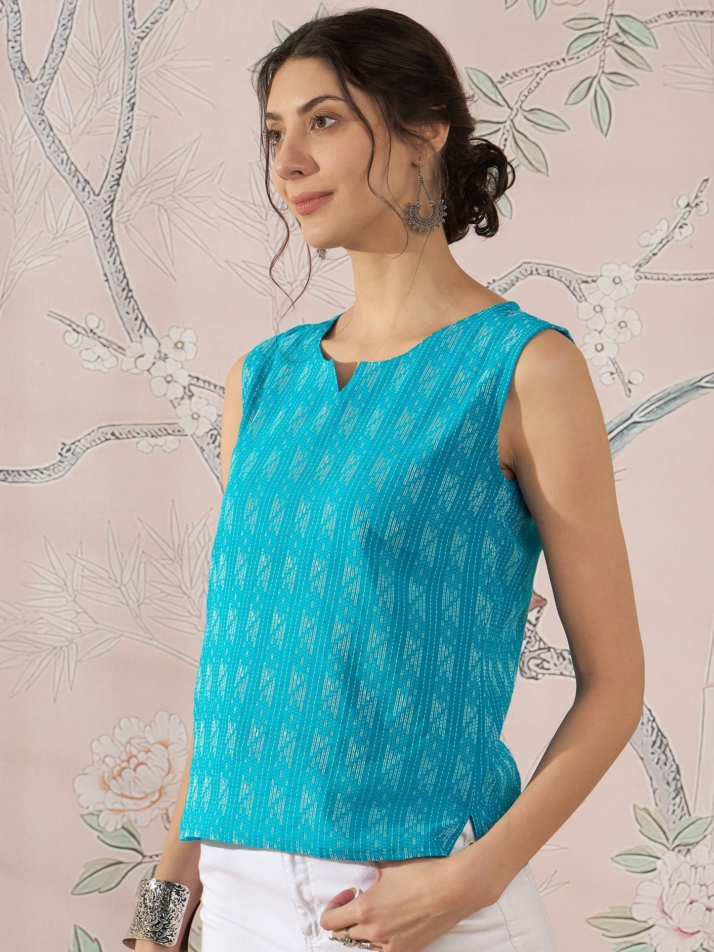 InWeave Cyan Blue Ikkat Kantha W/S Top - Swadesiicart