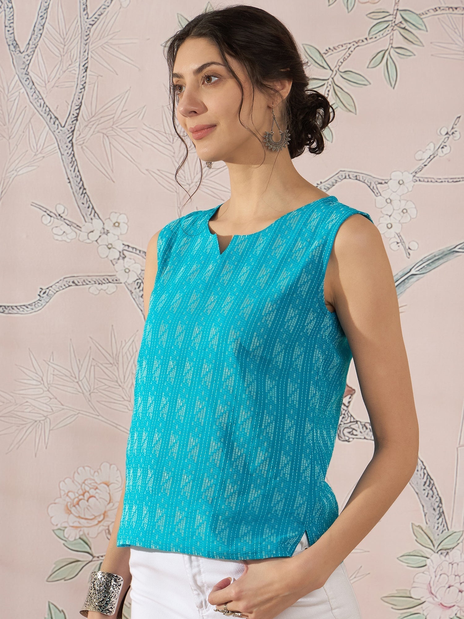 InWeave Cyan Blue Ikkat Kantha W/S Top - Swadesiicart