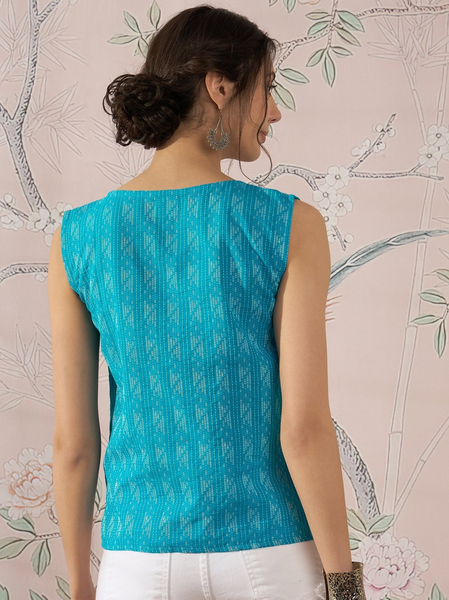 InWeave Cyan Blue Ikkat Kantha W/S Top - Swadesiicart
