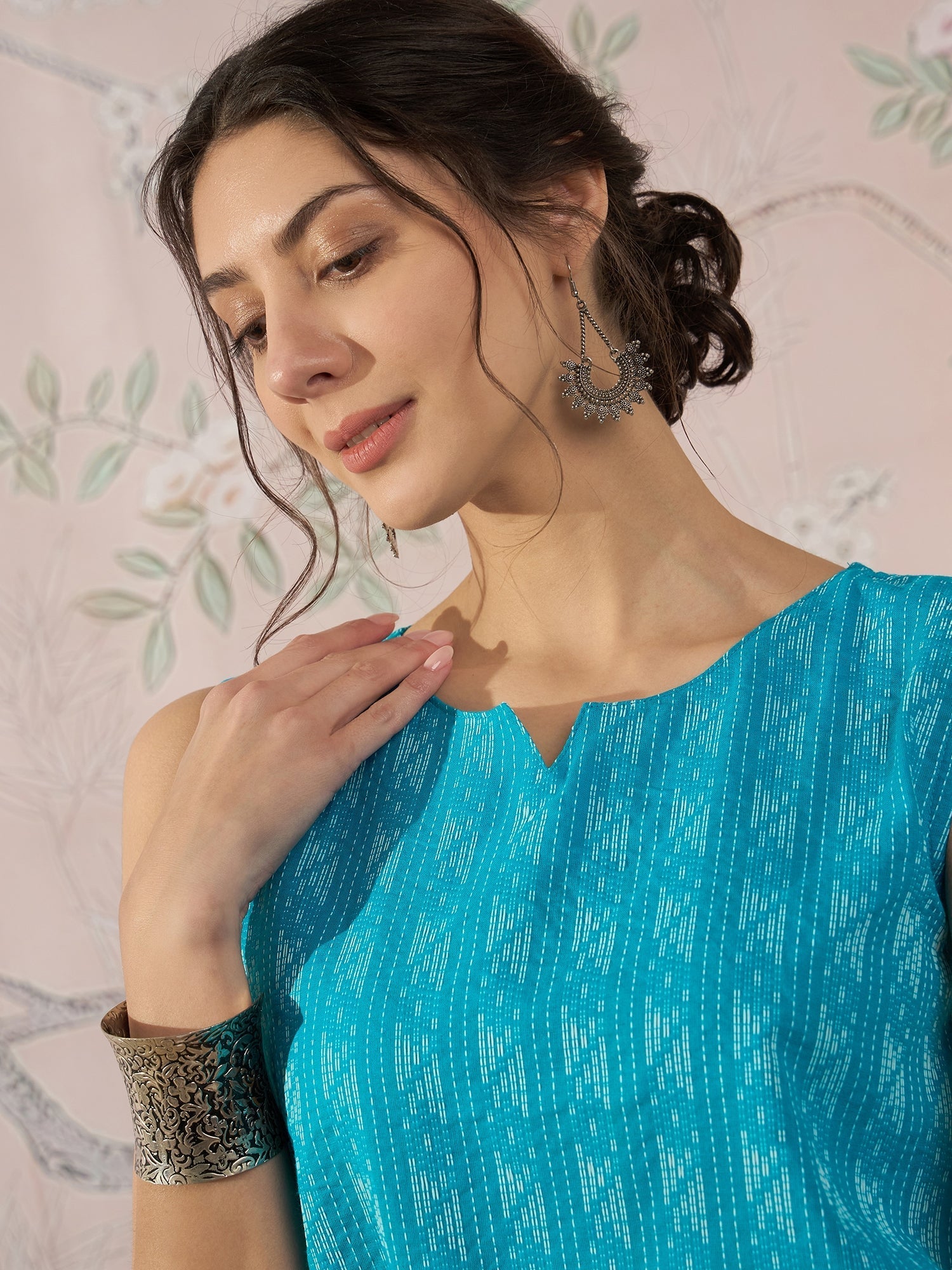 InWeave Cyan Blue Ikkat Kantha W/S Top - Swadesiicart