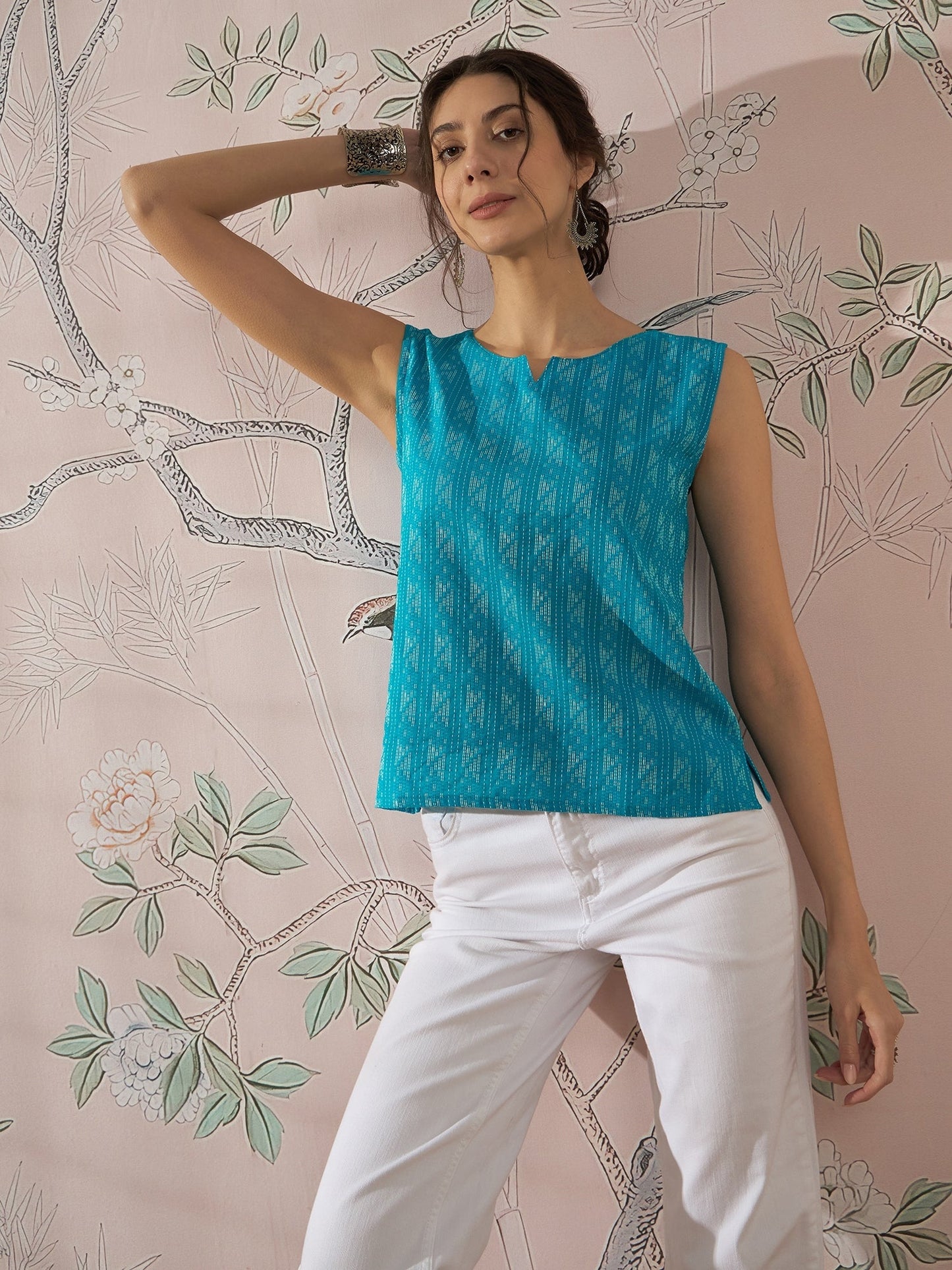 InWeave Cyan Blue Ikkat Kantha W/S Top - Swadesiicart