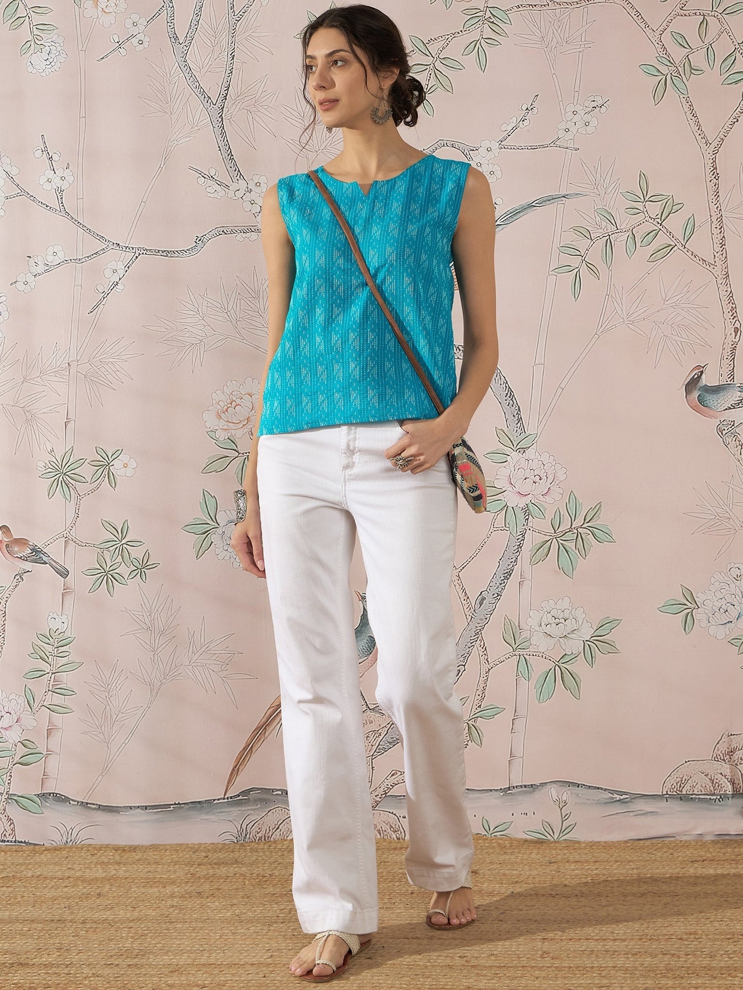 InWeave Cyan Blue Ikkat Kantha W/S Top - Swadesiicart