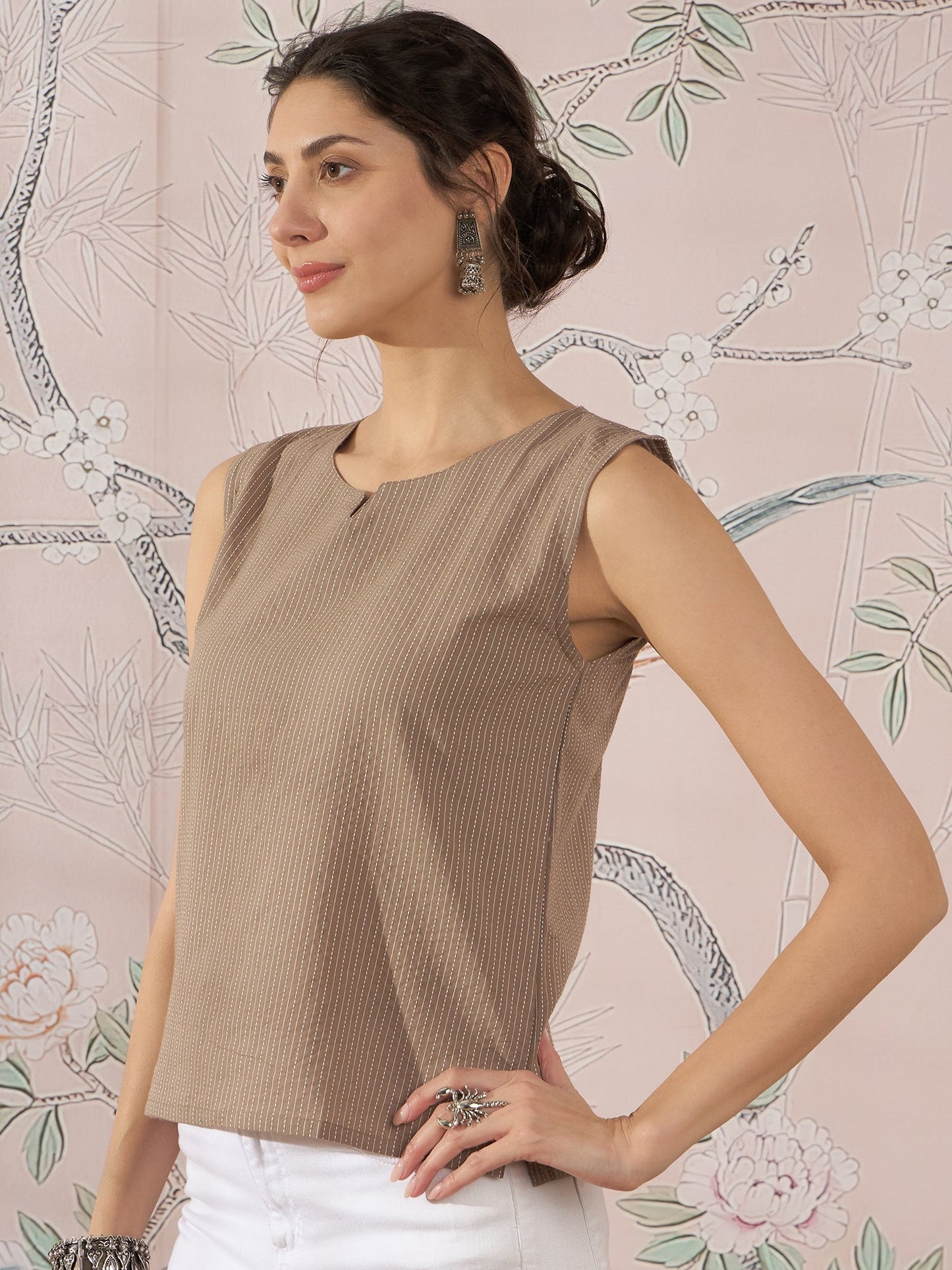 InWeave Light Brown Kantha W/S Top - Swadesiicart