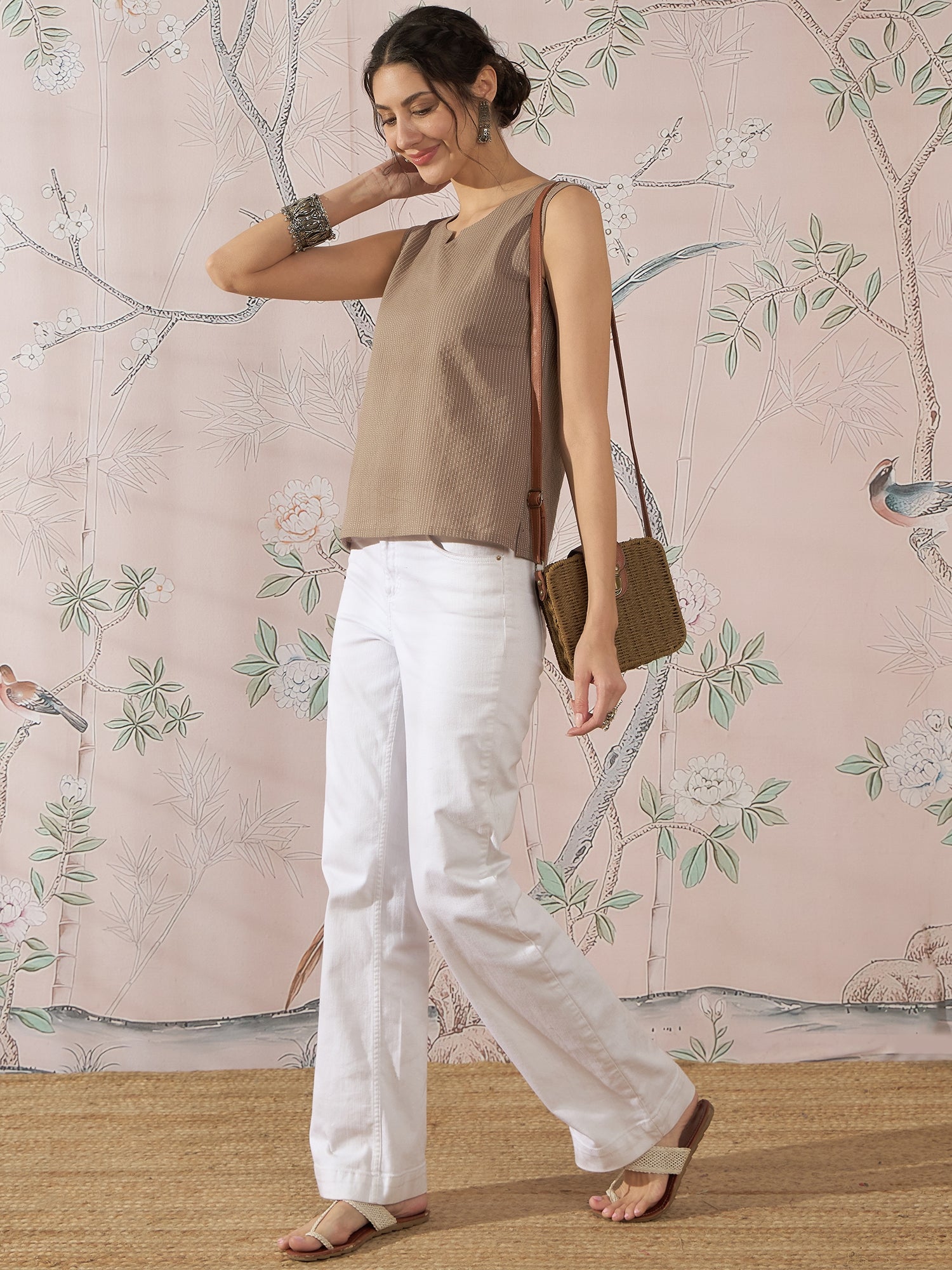 InWeave Light Brown Kantha W/S Top - Swadesiicart