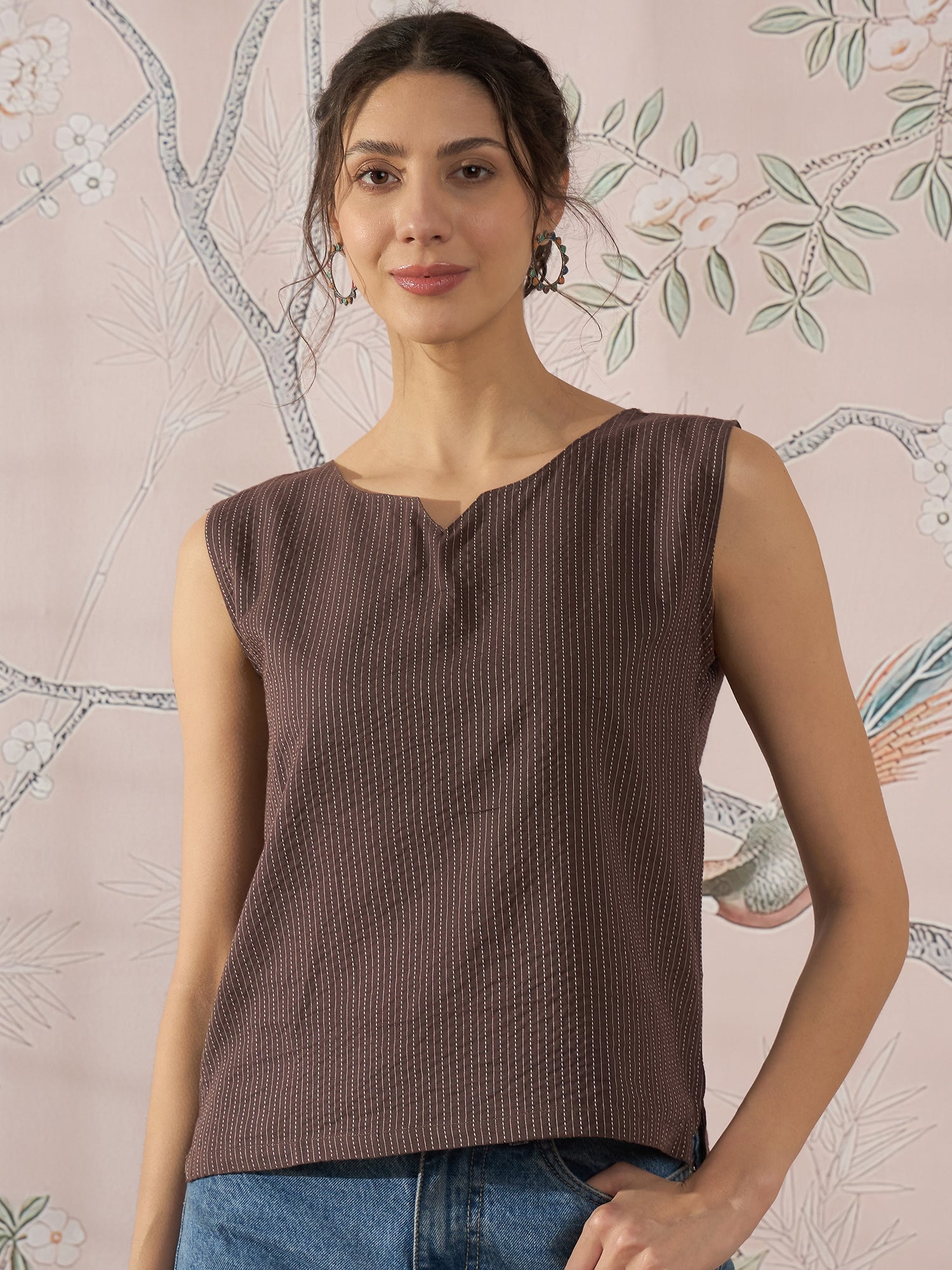 InWeave Dark Brown Kantha W/S Top - Swadesiicart