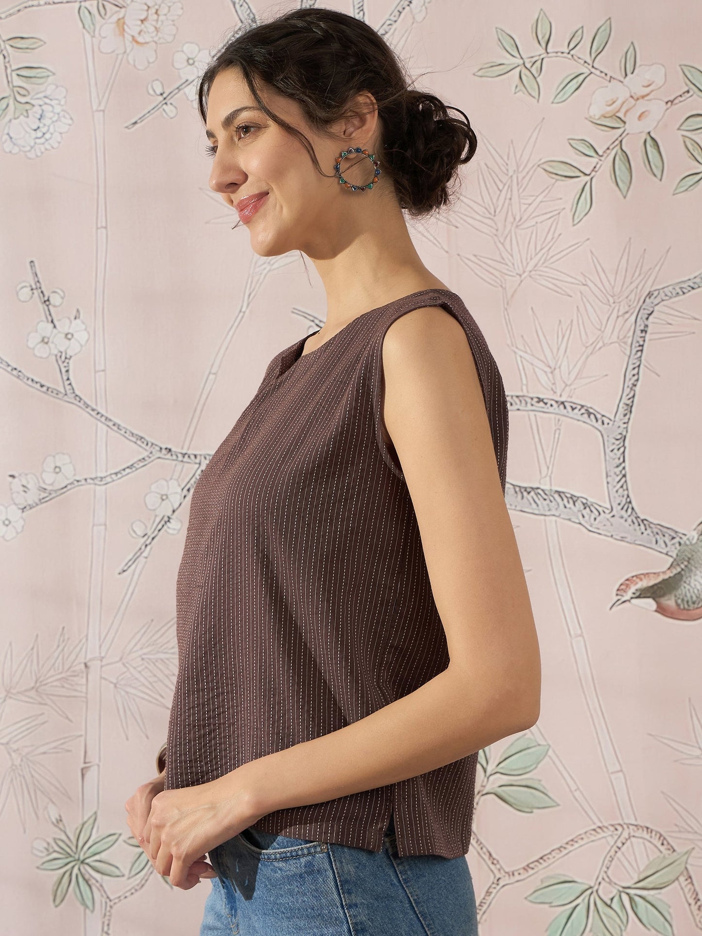 InWeave Dark Brown Kantha W/S Top - Swadesiicart