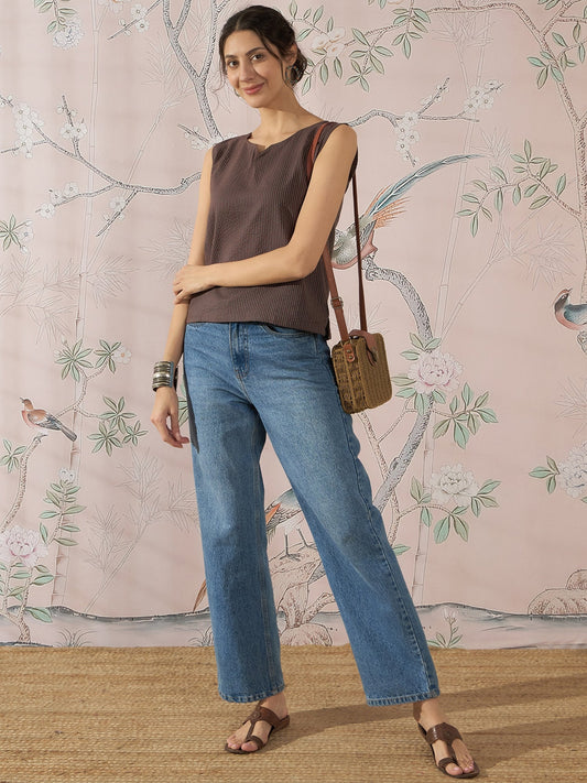 InWeave Dark Brown Kantha W/S Top - Swadesiicart