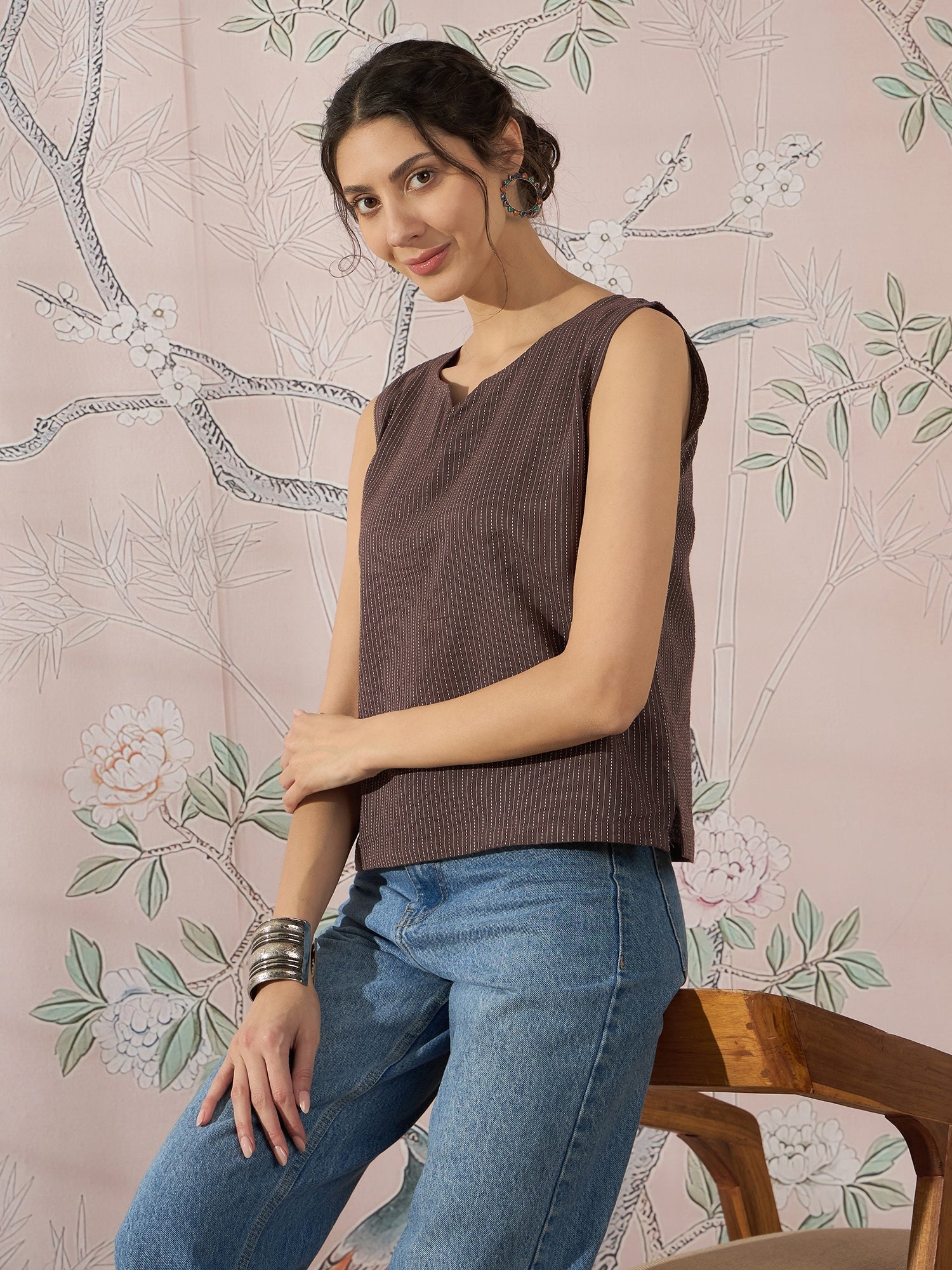 InWeave Dark Brown Kantha W/S Top - Swadesiicart