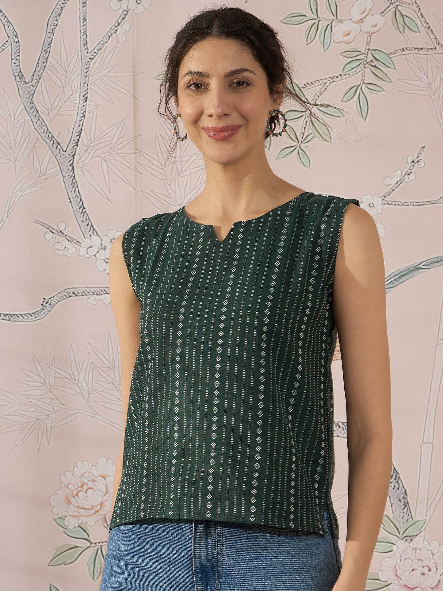 InWeave Green Striped Kantha W/S Top - Swadesiicart