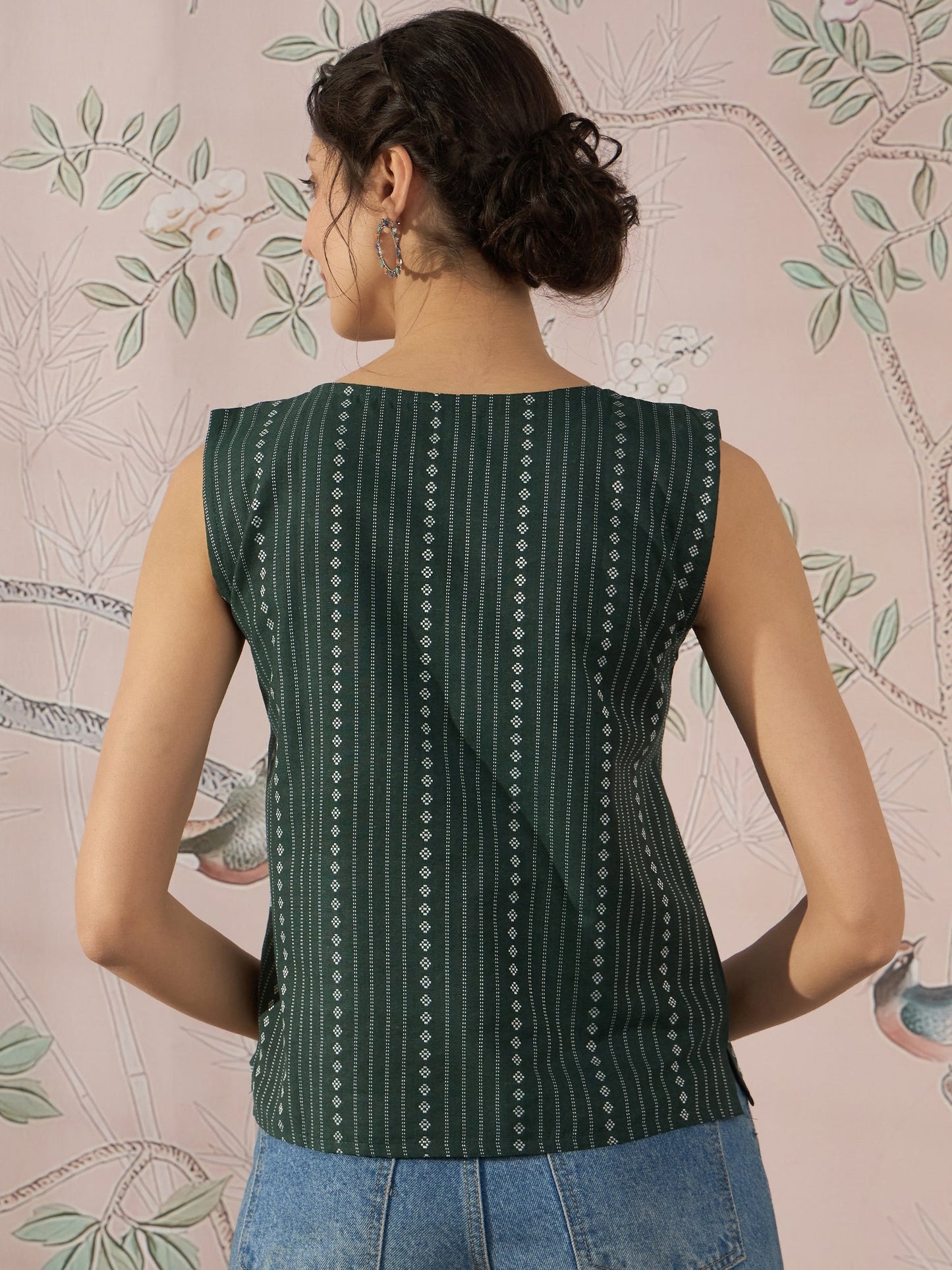 InWeave Green Striped Kantha W/S Top - Swadesiicart