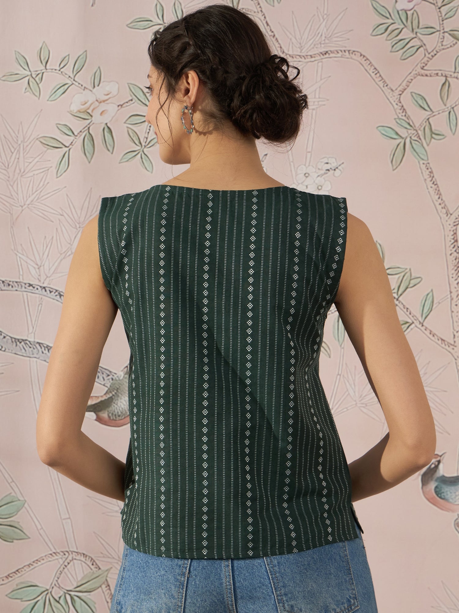 InWeave Green Striped Kantha W/S Top - Swadesiicart