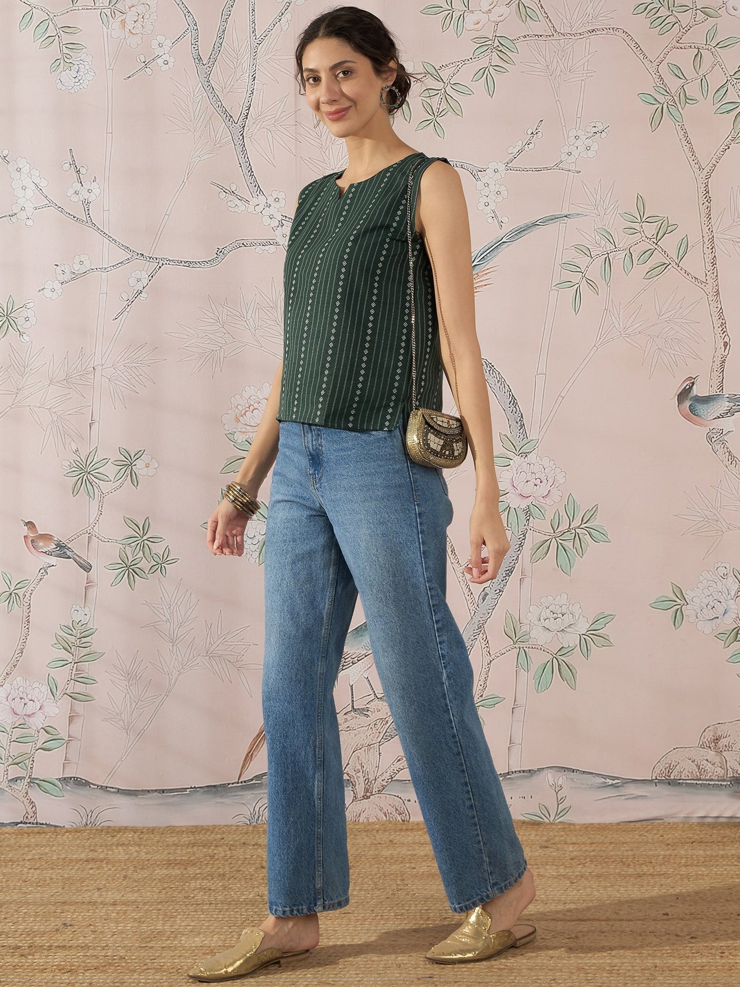 InWeave Green Striped Kantha W/S Top - Swadesiicart