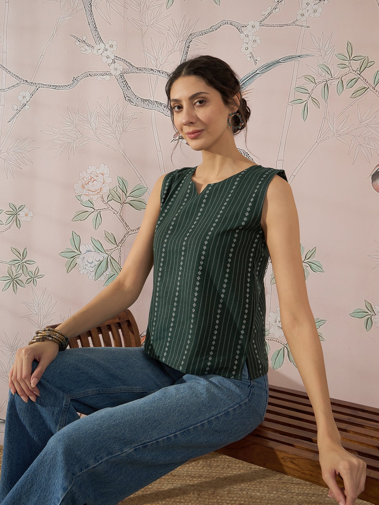 InWeave Green Striped Kantha W/S Top - Swadesiicart