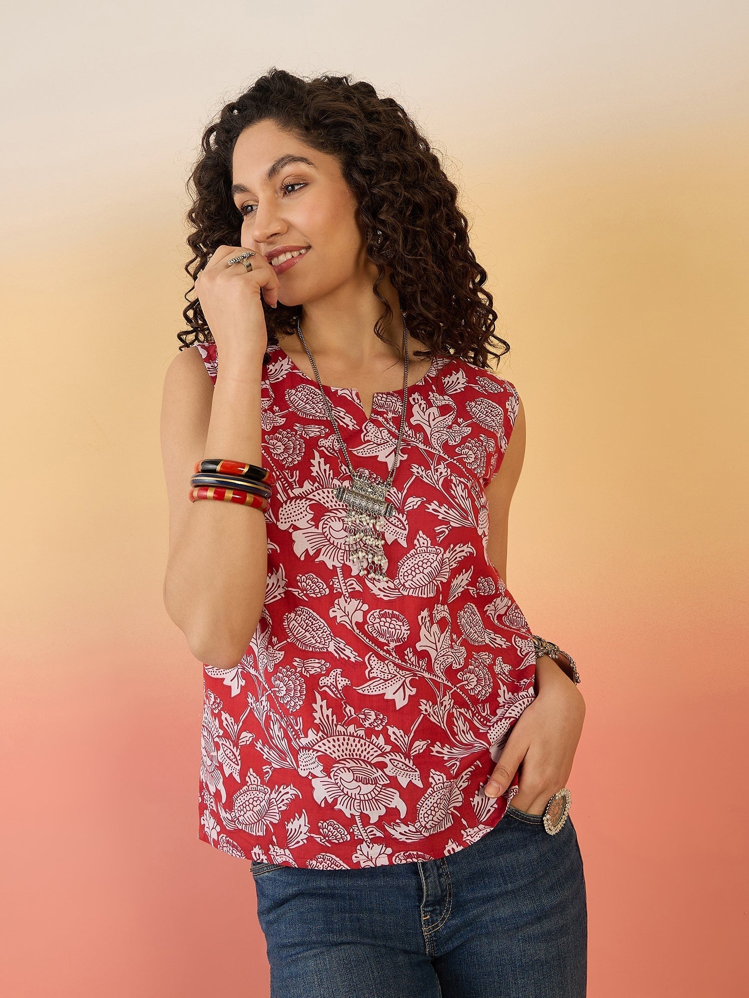 InWeave Red White Block Print W/S Top - Swadesiicart