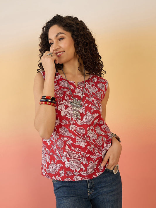 InWeave Red White Block Print W/S Top - Swadesiicart