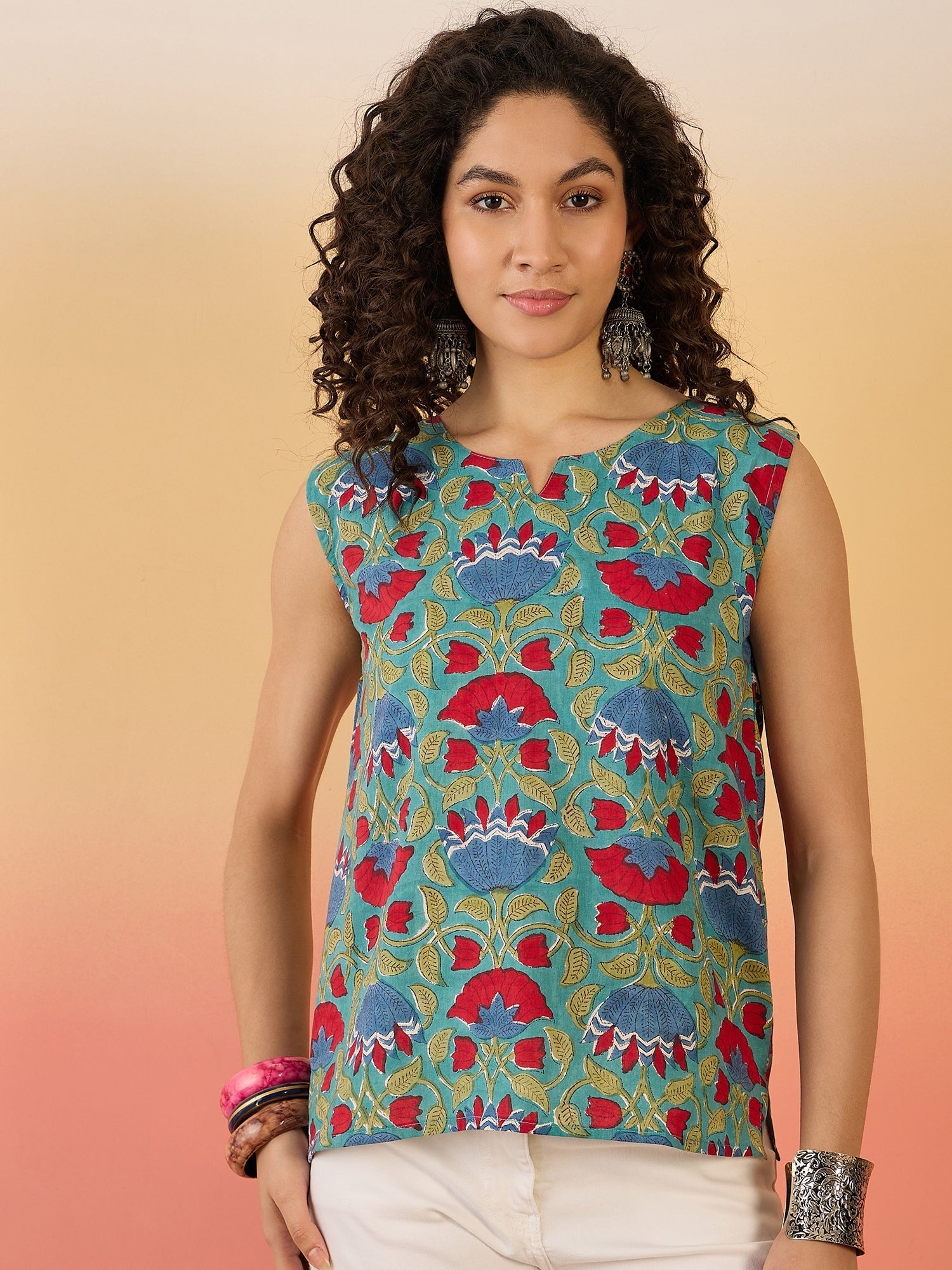InWeave Teal Red Floral Block Print W/S Top - Swadesiicart
