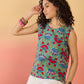 InWeave Teal Red Floral Block Print W/S Top - Swadesiicart