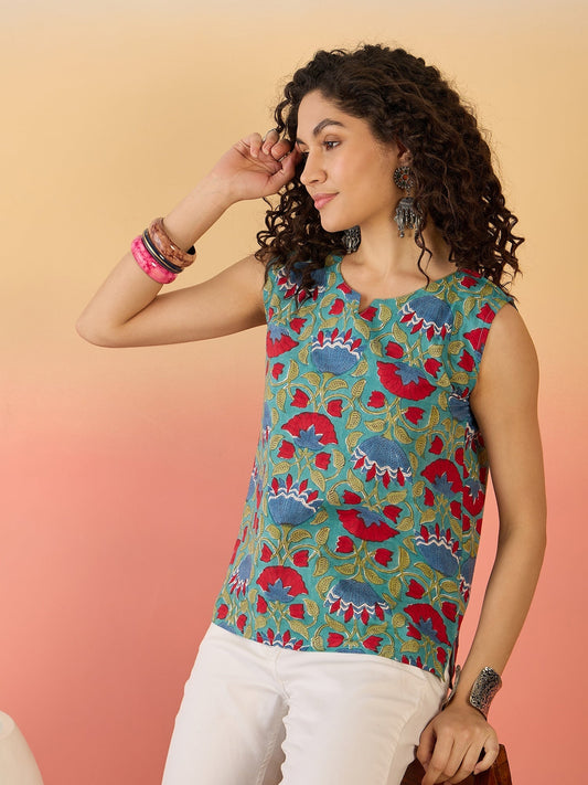 InWeave Teal Red Floral Block Print W/S Top - Swadesiicart
