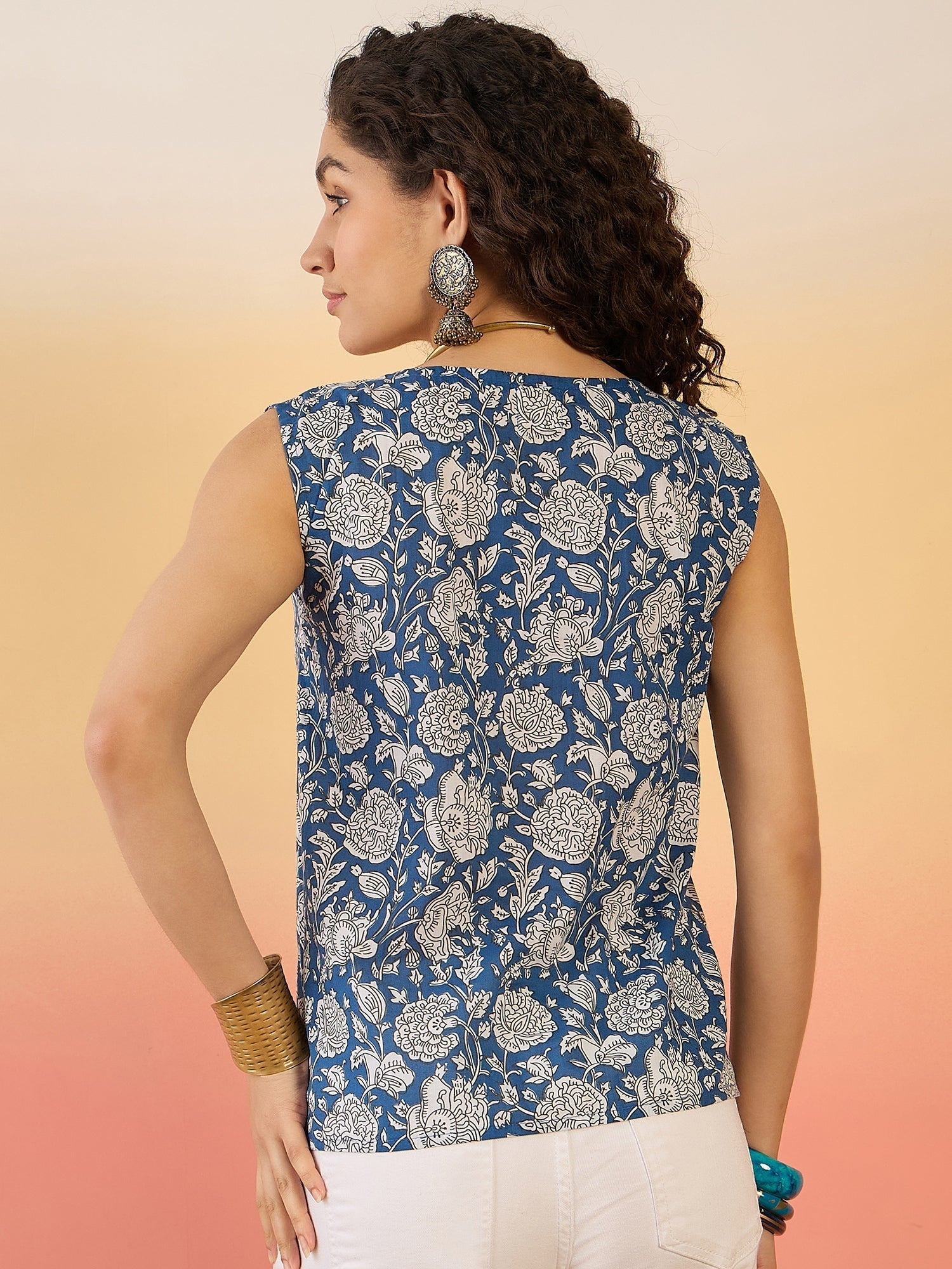 InWeave Blue White Block Print W/S Top - Swadesiicart
