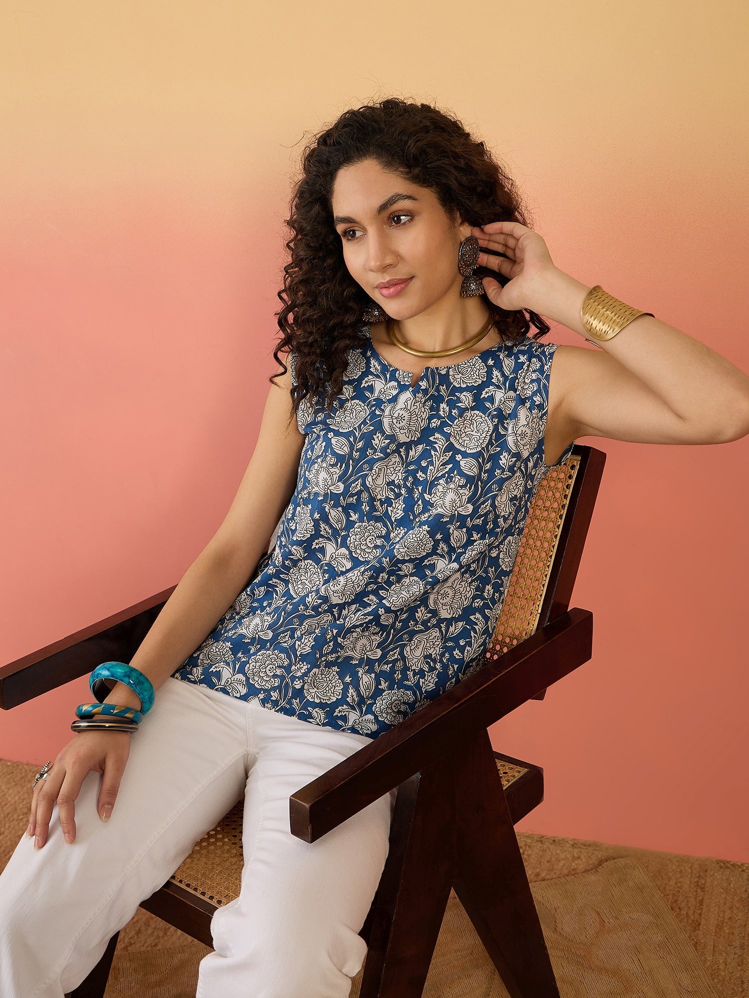 InWeave Blue White Block Print W/S Top - Swadesiicart