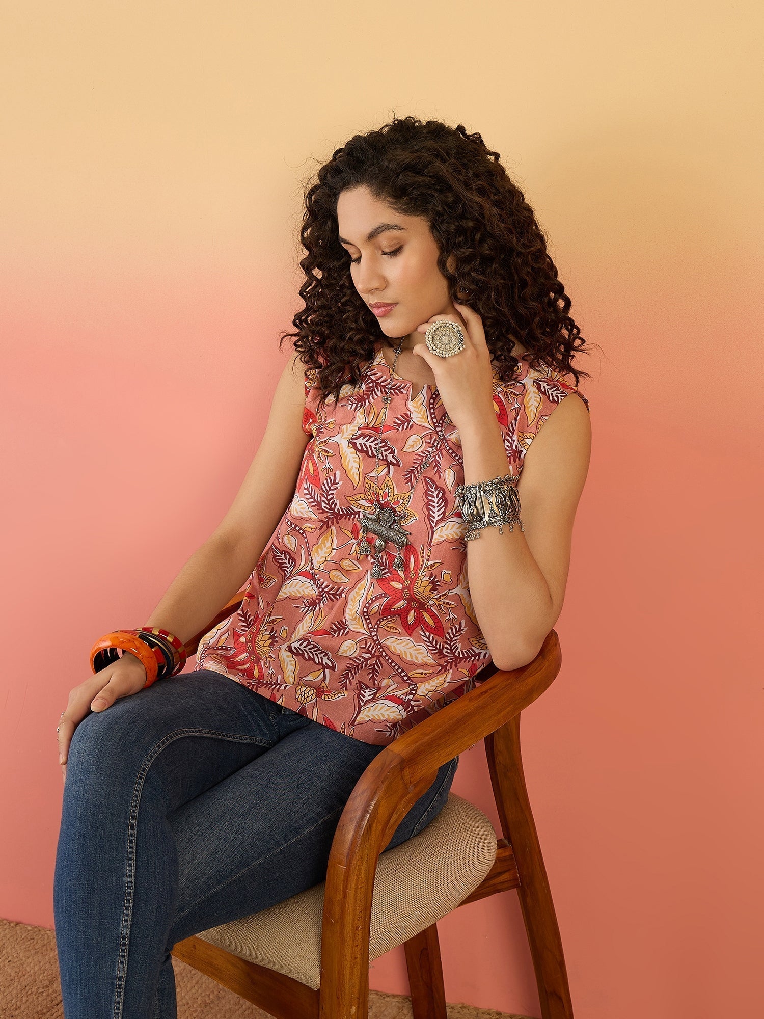 InWeave Coral Jaal Floral Print W/S Top - Swadesiicart