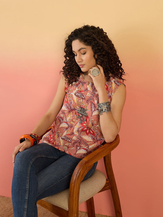 InWeave Coral Jaal Floral Print W/S Top - Swadesiicart