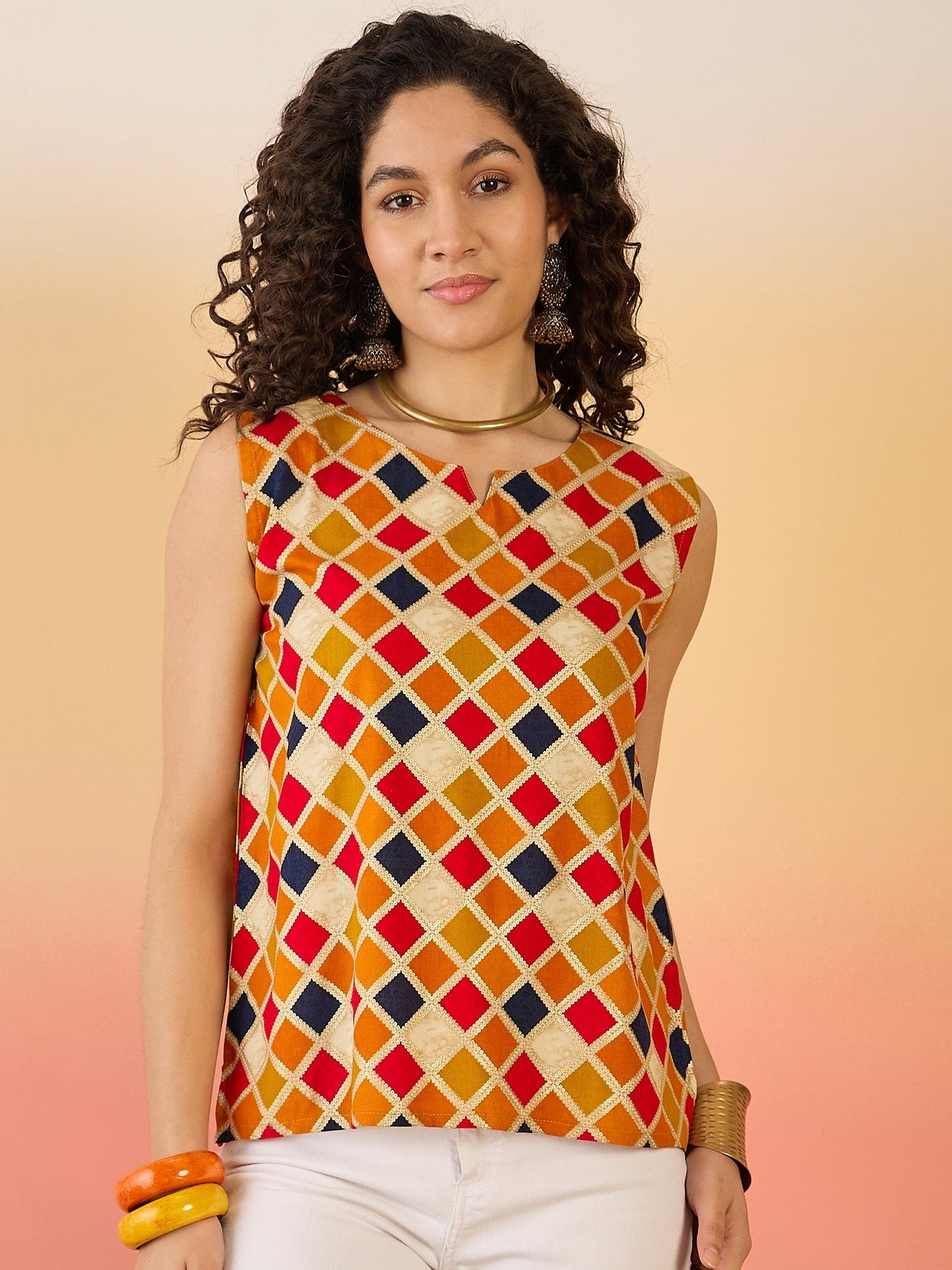 InWeave Mustard Multi Check Foil W/S Top - Swadesiicart