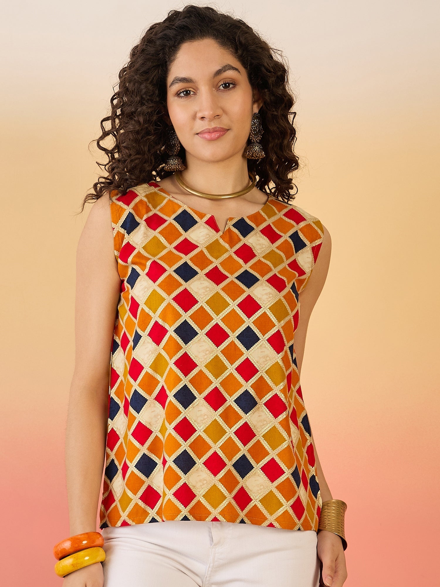 InWeave Mustard Multi Check Foil W/S Top - Swadesiicart