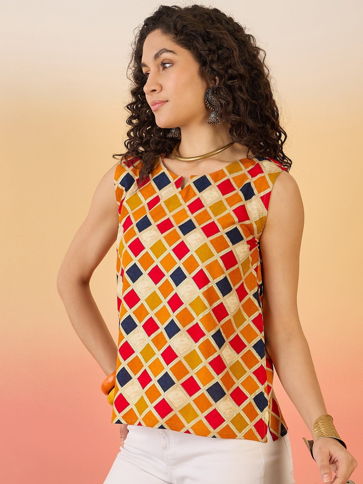 InWeave Mustard Multi Check Foil W/S Top - Swadesiicart