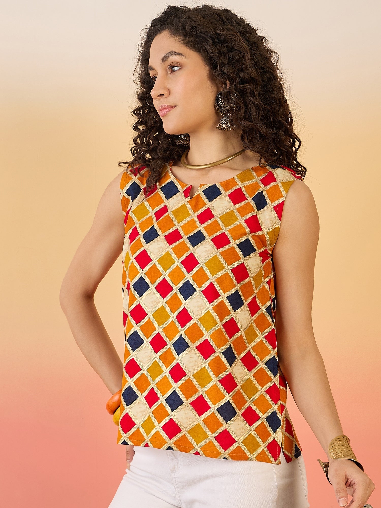 InWeave Mustard Multi Check Foil W/S Top - Swadesiicart