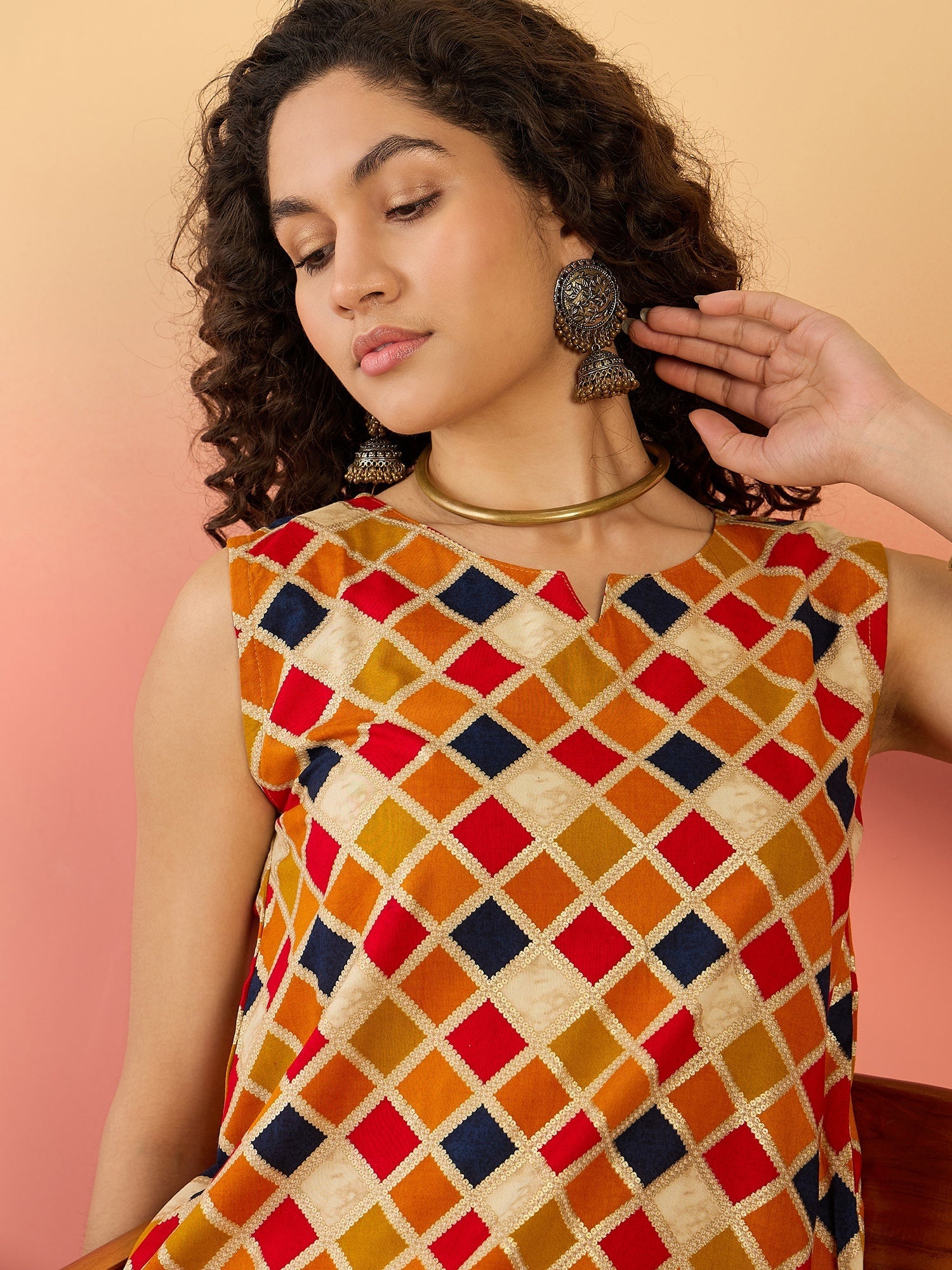 InWeave Mustard Multi Check Foil W/S Top - Swadesiicart