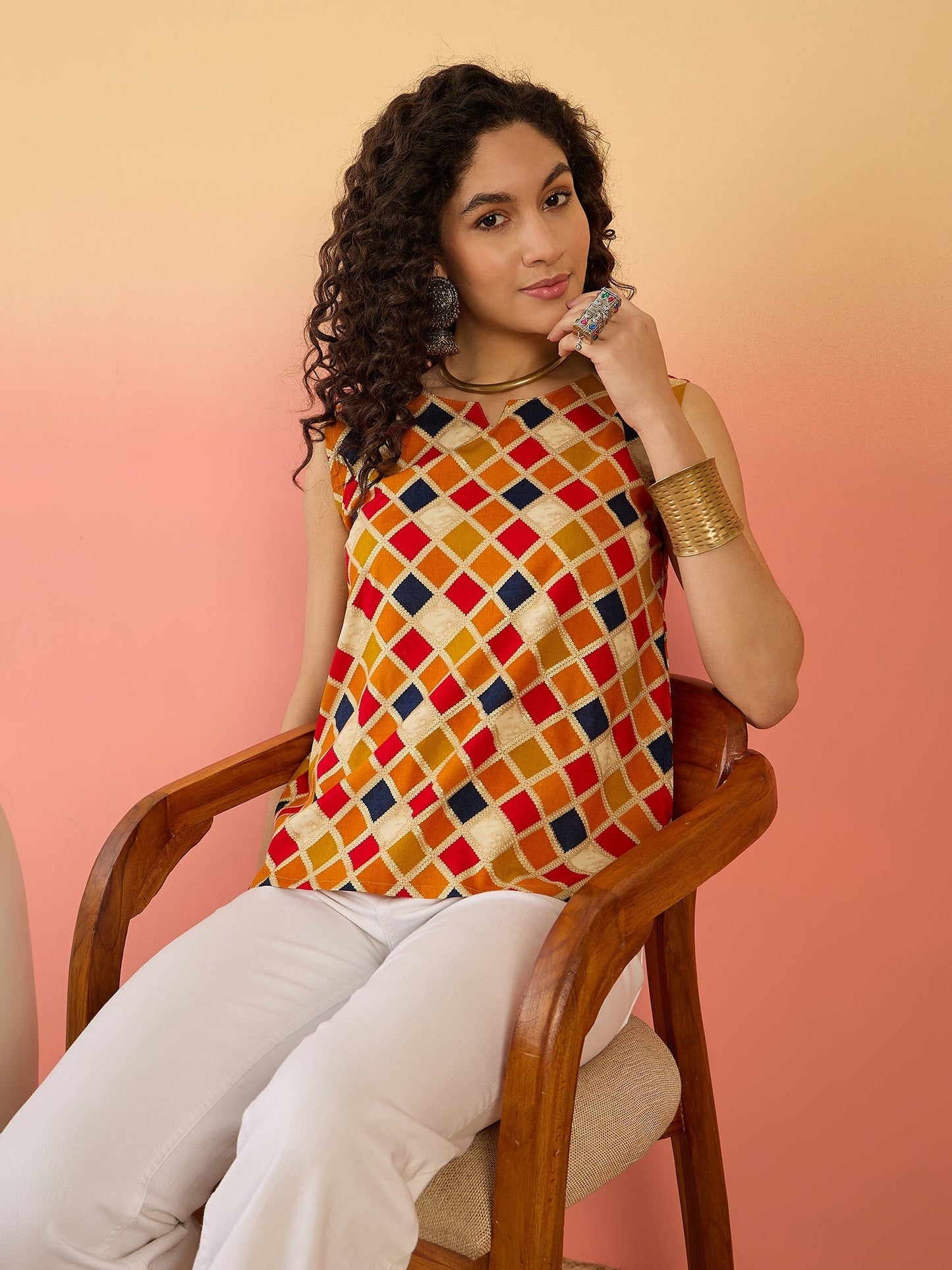 InWeave Mustard Multi Check Foil W/S Top - Swadesiicart
