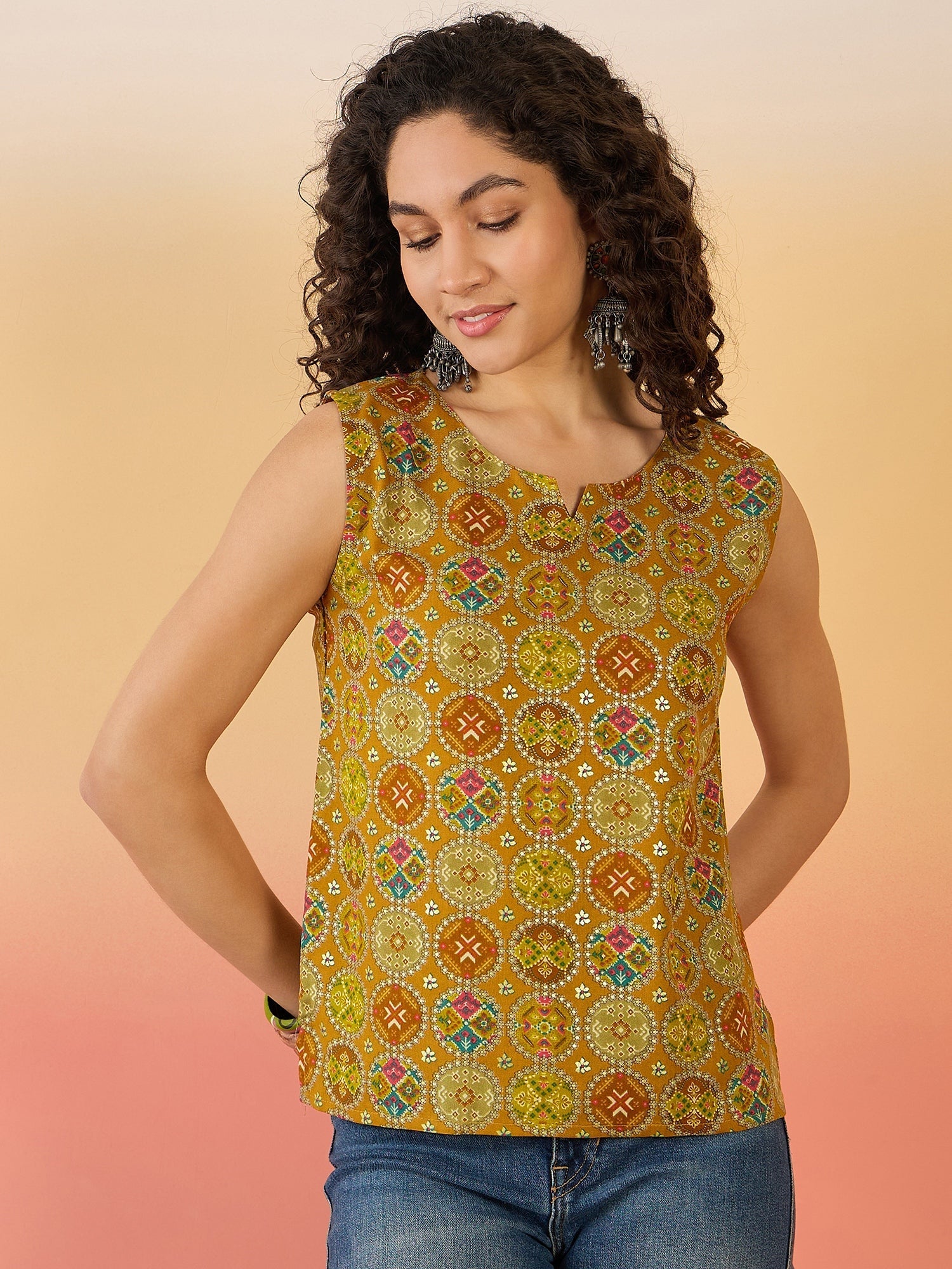 InWeave Ochre Round Multi Foil W/S Top - Swadesiicart