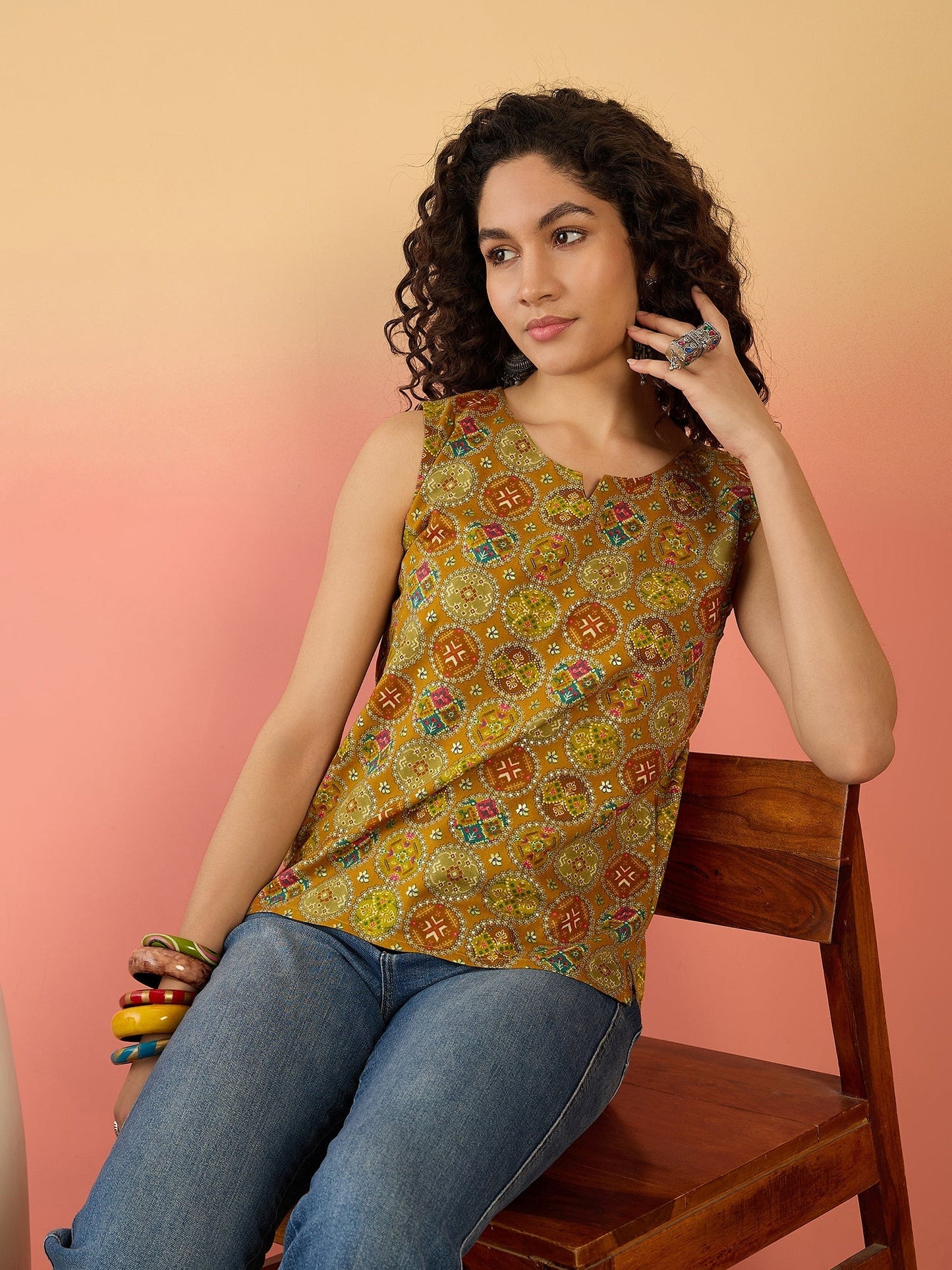 InWeave Ochre Round Multi Foil W/S Top - Swadesiicart