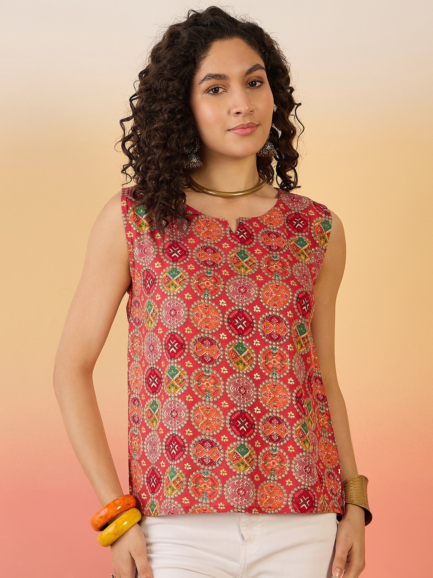 InWeave Red Round Multi Foil W/S Top - Swadesiicart