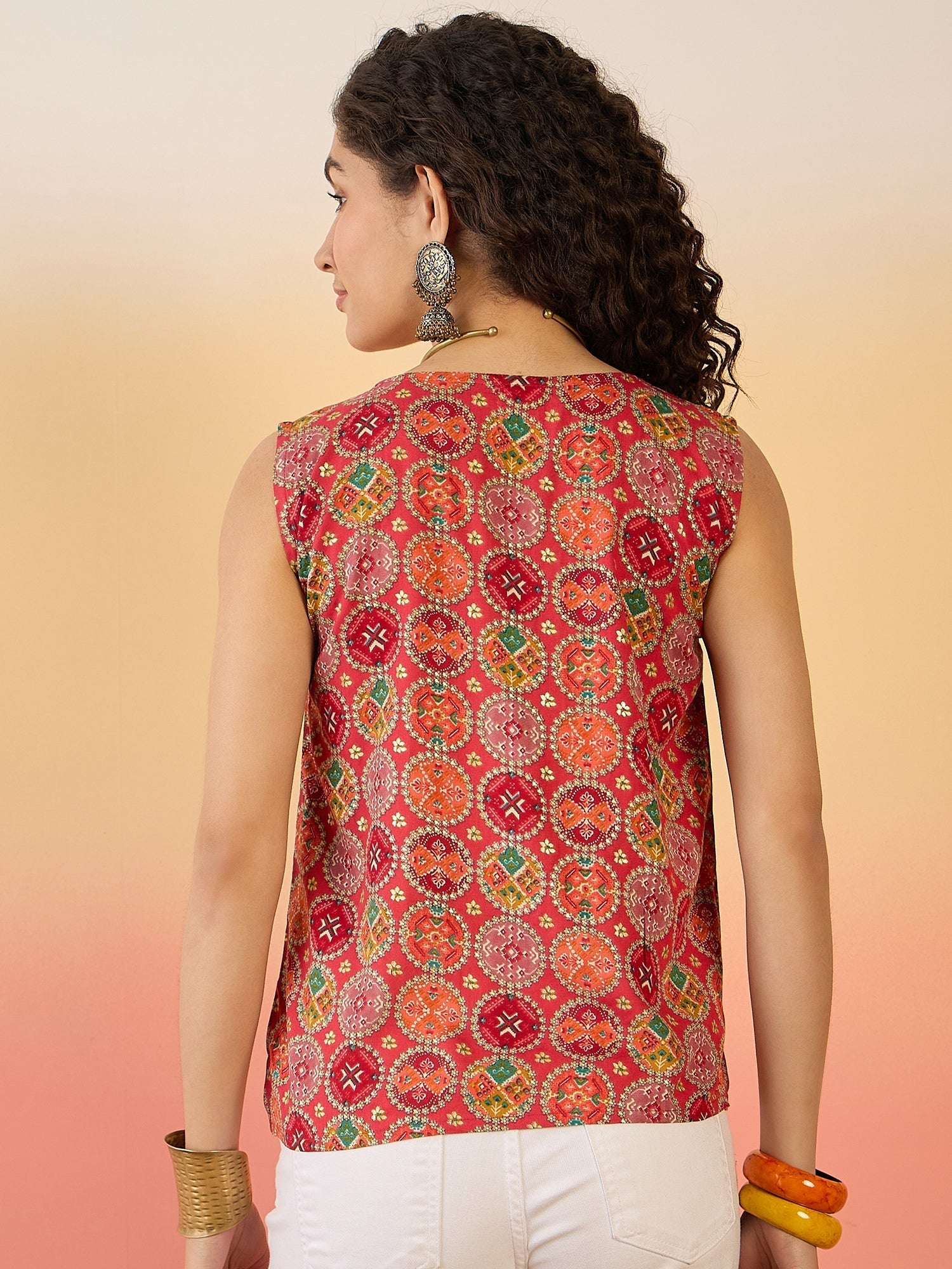 InWeave Red Round Multi Foil W/S Top - Swadesiicart