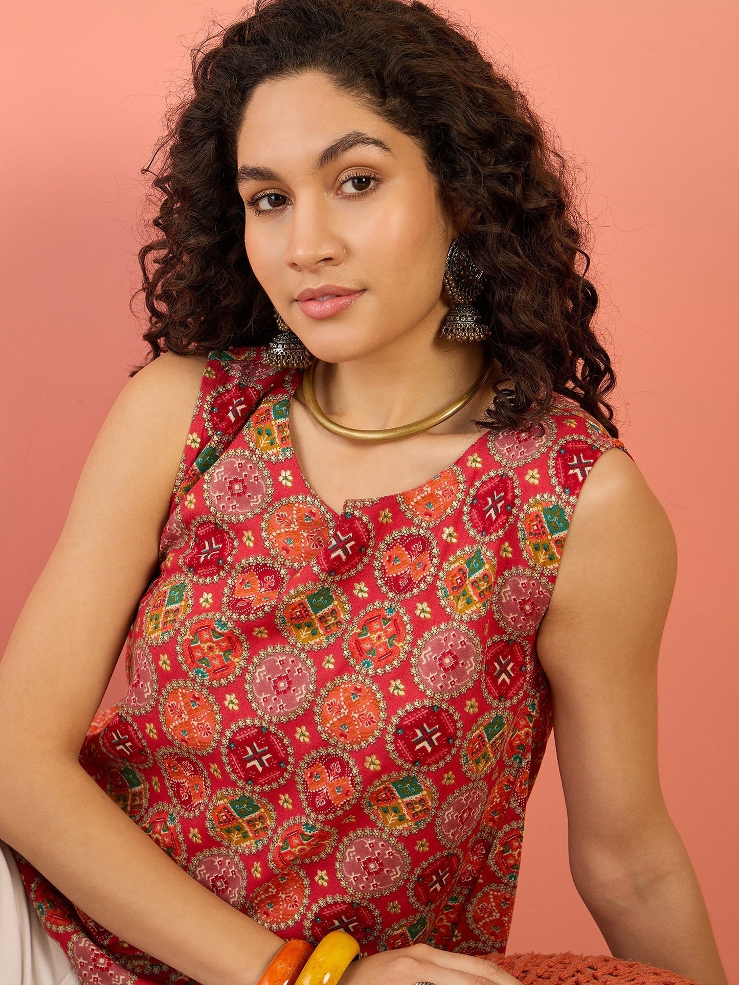 InWeave Red Round Multi Foil W/S Top - Swadesiicart