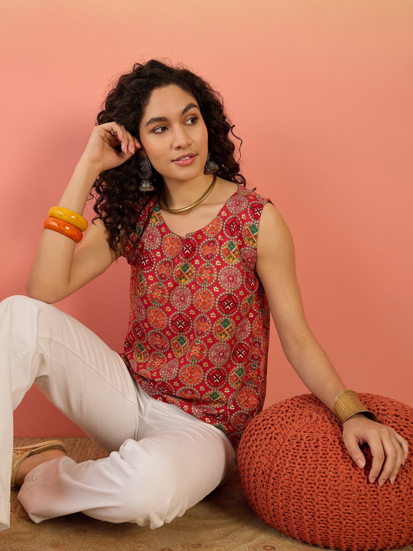InWeave Red Round Multi Foil W/S Top - Swadesiicart