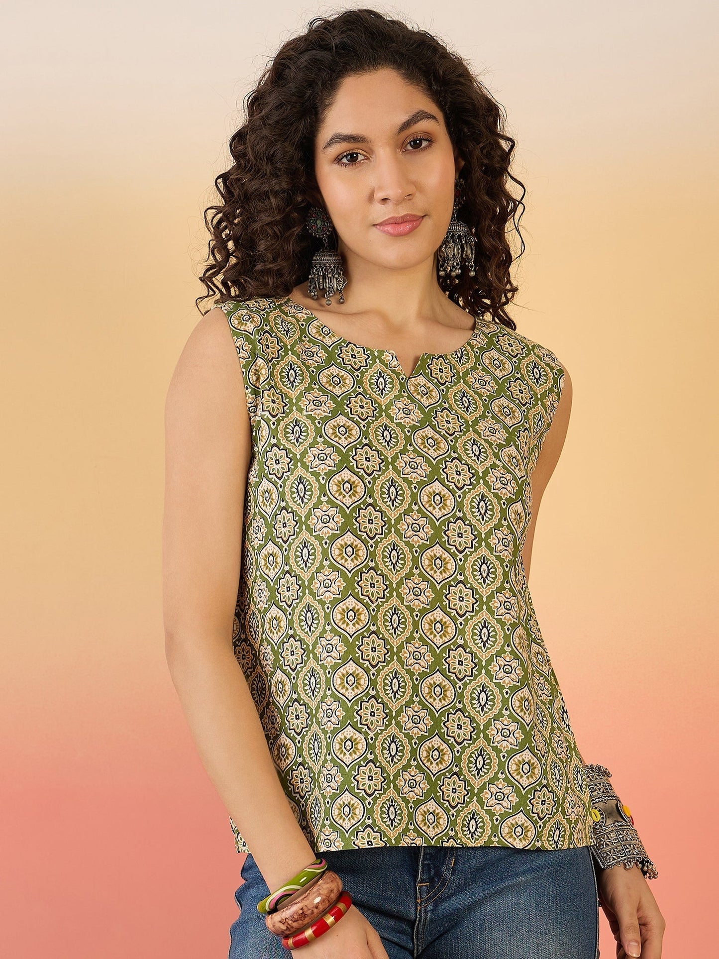 InWeave Olive Ajarakh W/S Top - Swadesiicart