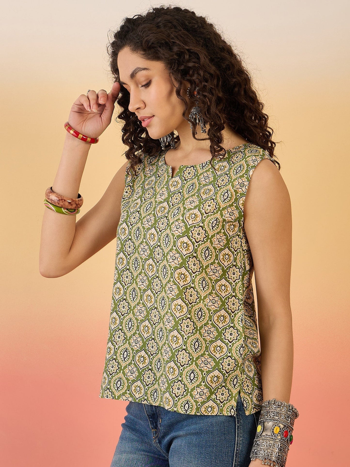 InWeave Olive Ajarakh W/S Top - Swadesiicart