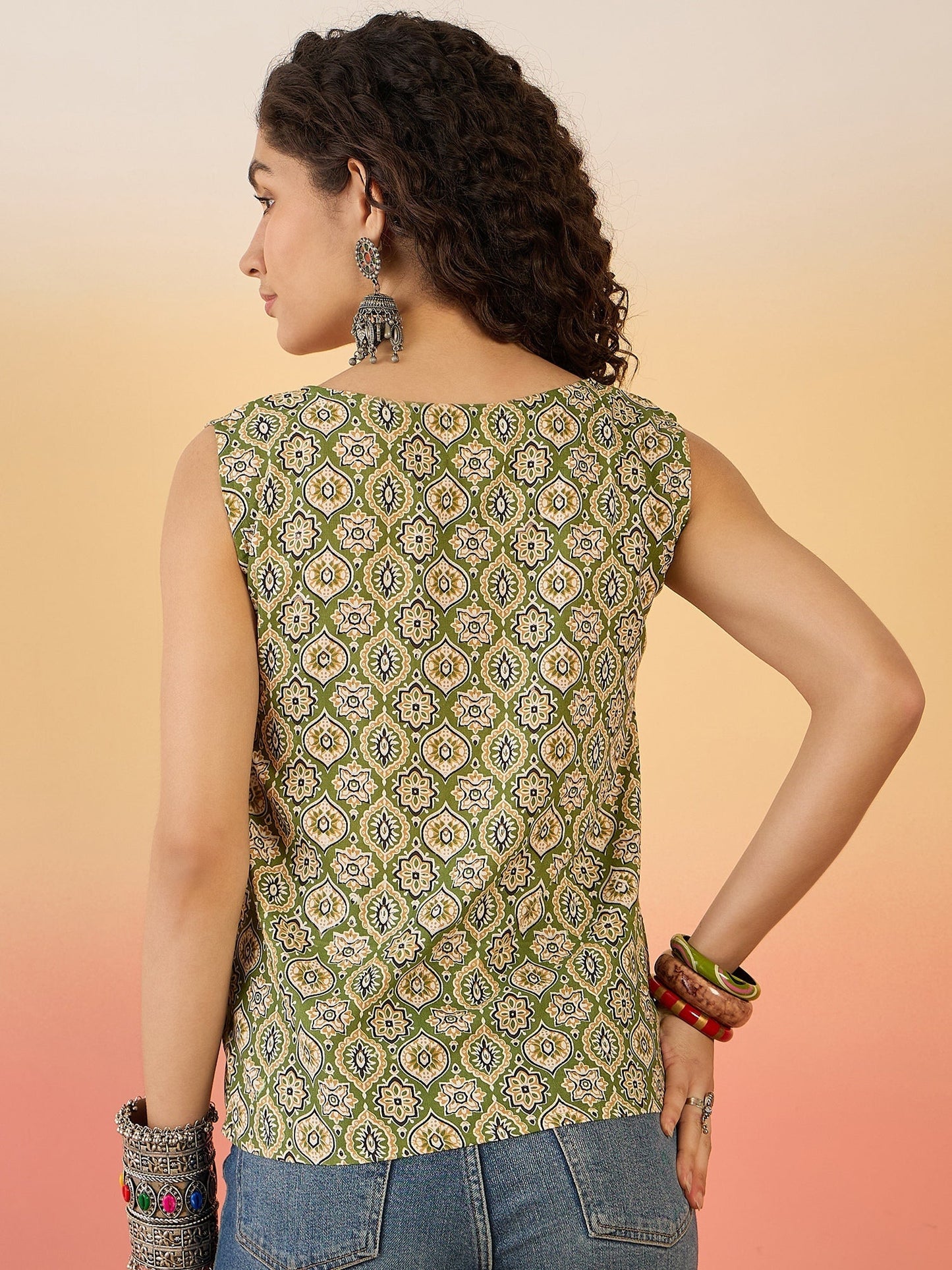 InWeave Olive Ajarakh W/S Top - Swadesiicart