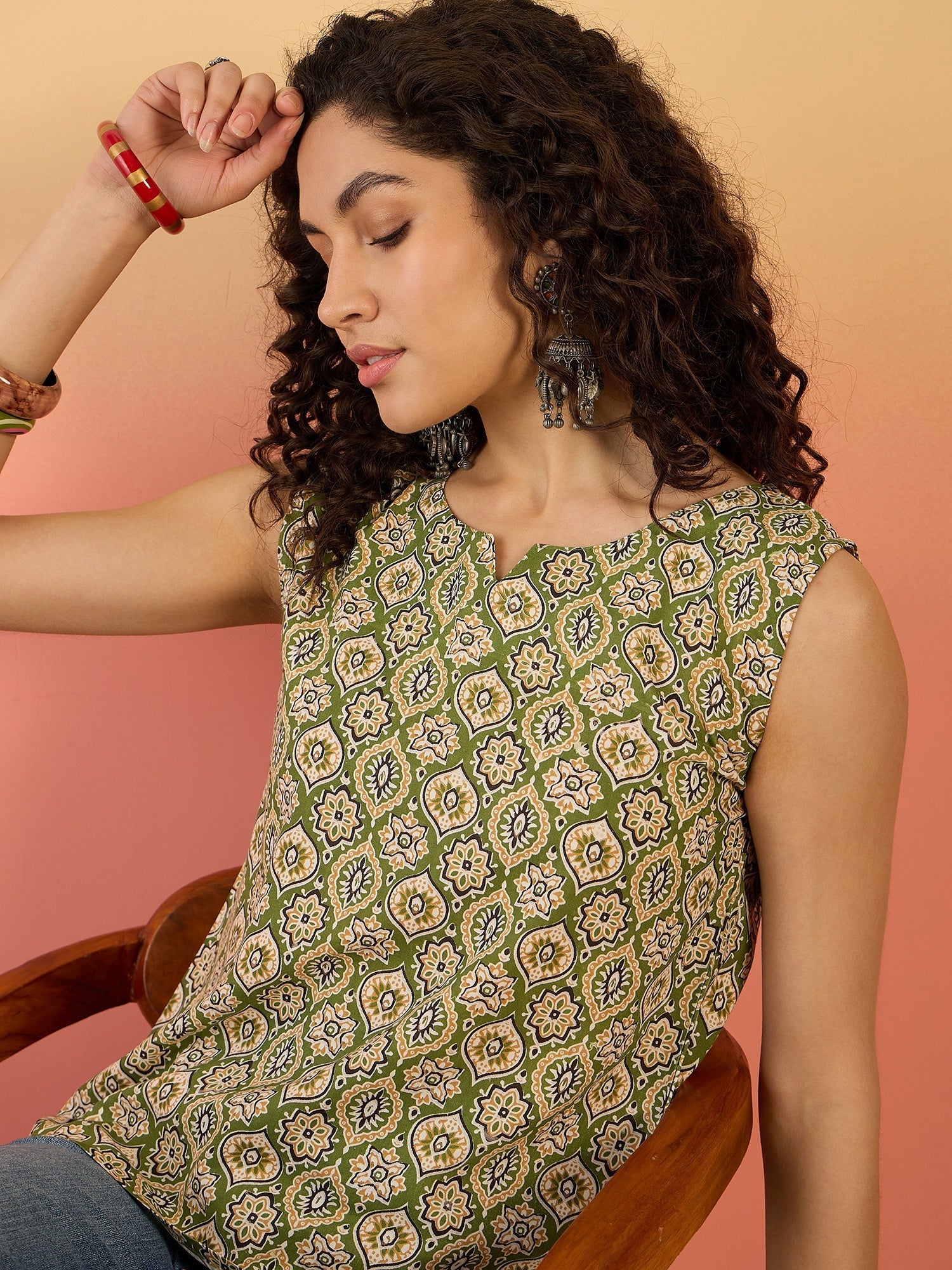 InWeave Olive Ajarakh W/S Top - Swadesiicart